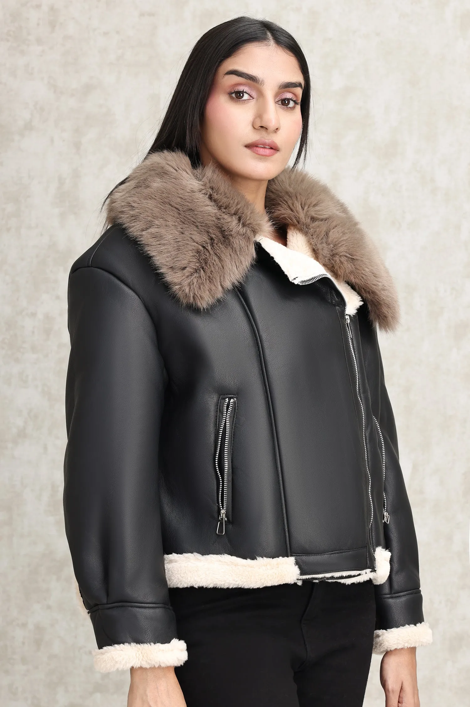 SHEARLING AVIATOR JACKET-BLACK