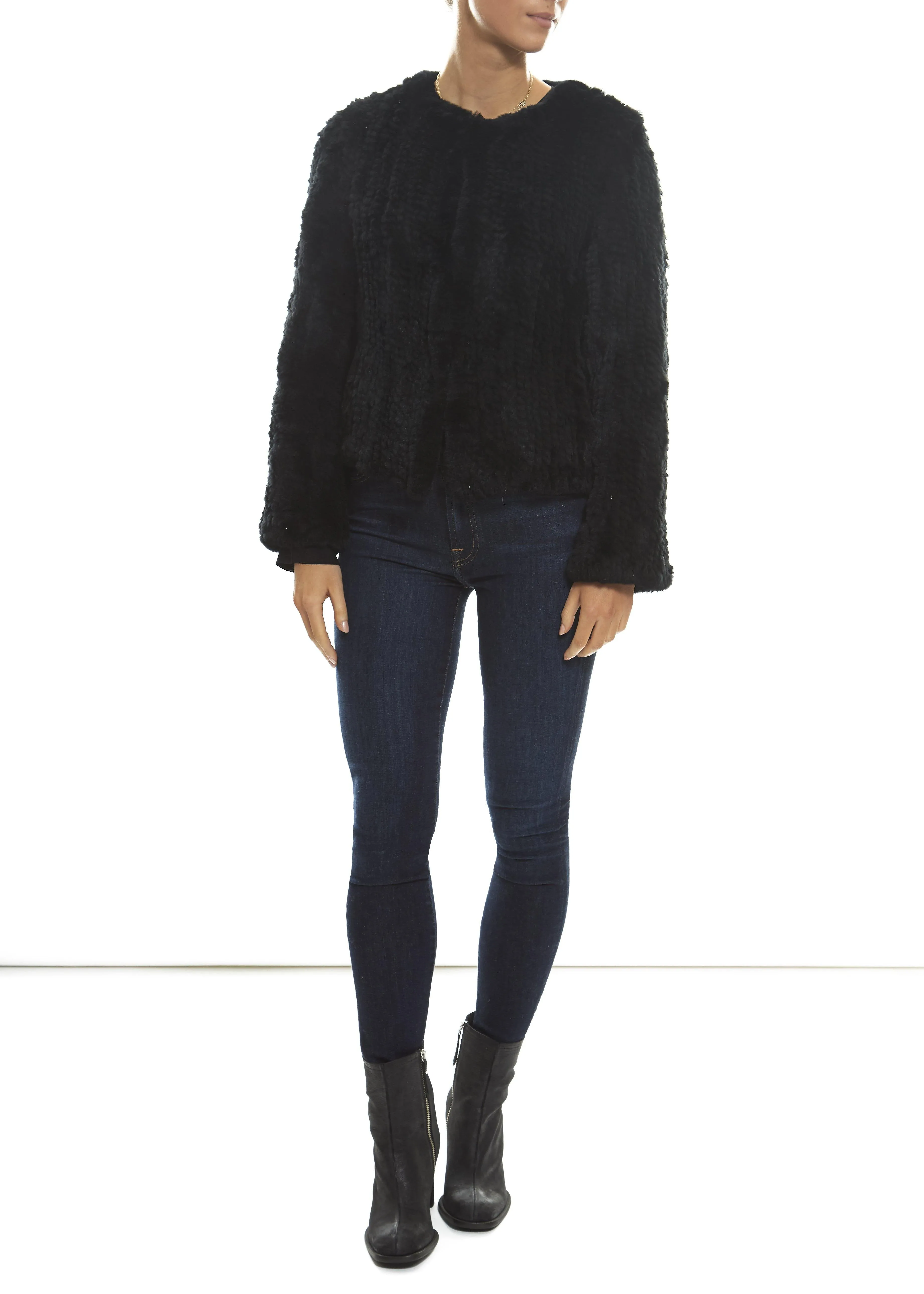 Short 'Black' Knitted Rex Rabbit Genuine Fur Jacket