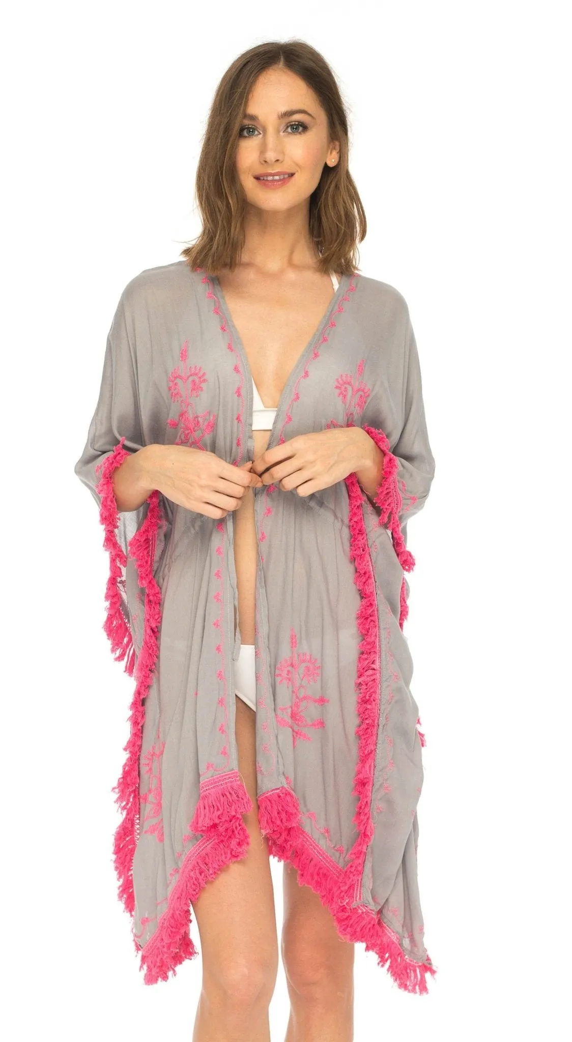 SHU-SHI Women's Boho Fringe Kimono - Beach Swimsuit Cover-Up Cardigan