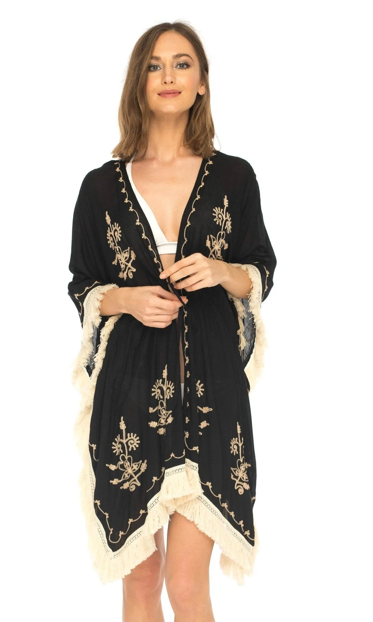 SHU-SHI Women's Boho Fringe Kimono - Beach Swimsuit Cover-Up Cardigan