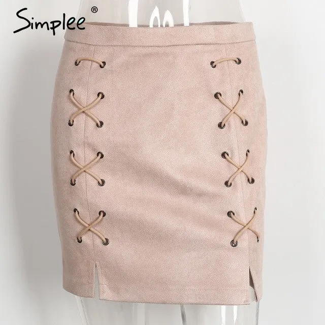 Simplee Autumn lace up leather suede pencil skirt Winter 2016 cross high waist skirt Zipper split bodycon short skirts womens