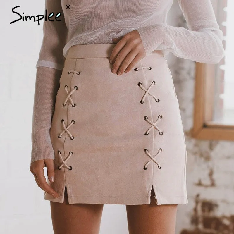 Simplee Autumn lace up leather suede pencil skirt Winter 2016 cross high waist skirt Zipper split bodycon short skirts womens