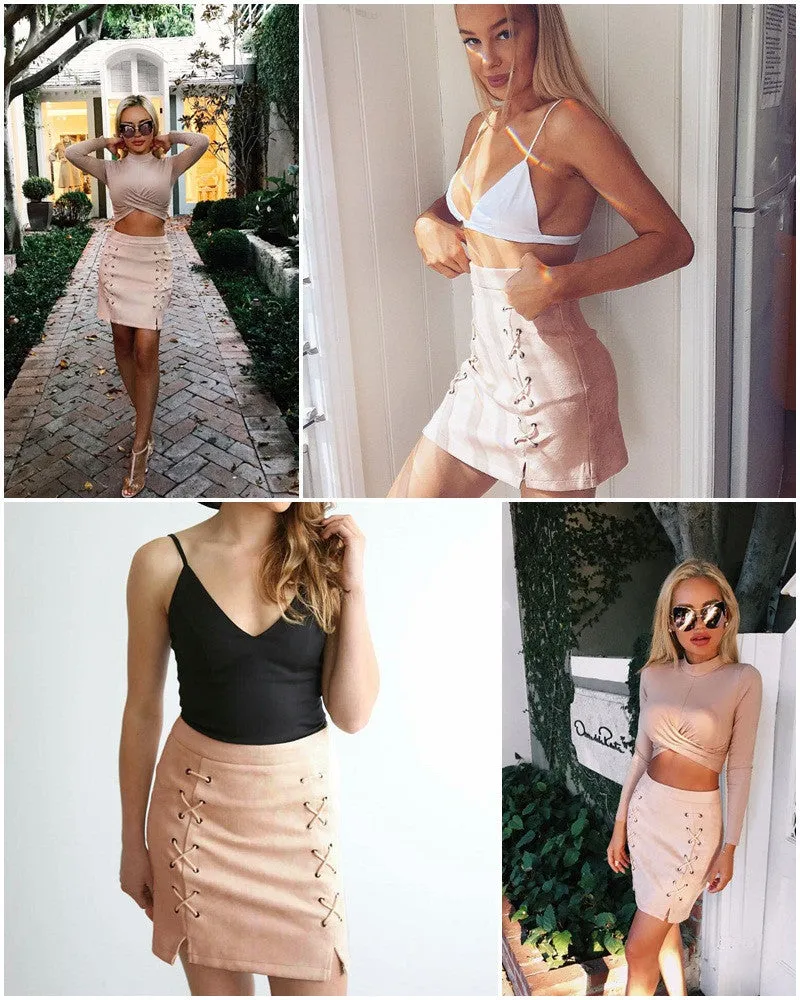 Simplee Autumn lace up leather suede pencil skirt Winter 2016 cross high waist skirt Zipper split bodycon short skirts womens