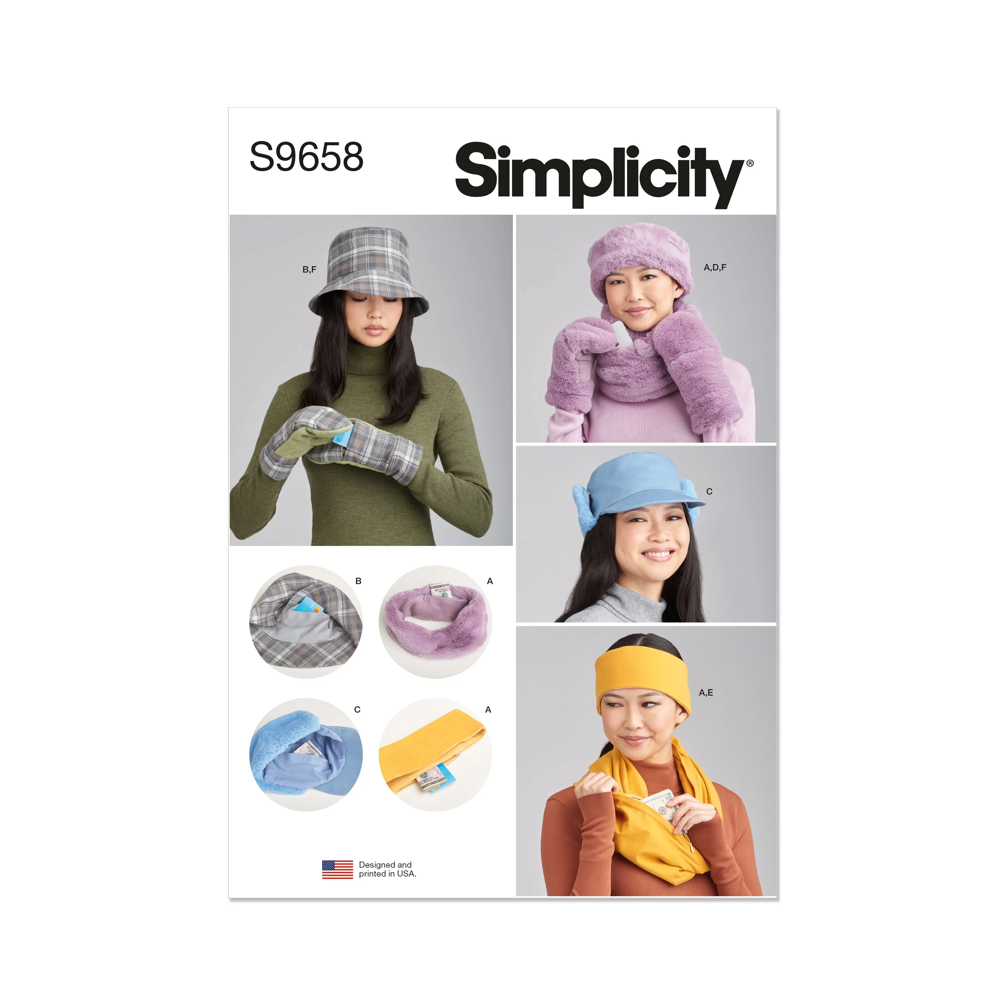 Simplicity pattern 9658 Misses' Hats, Headband, Mittens, Cowl and Infinity Scarf