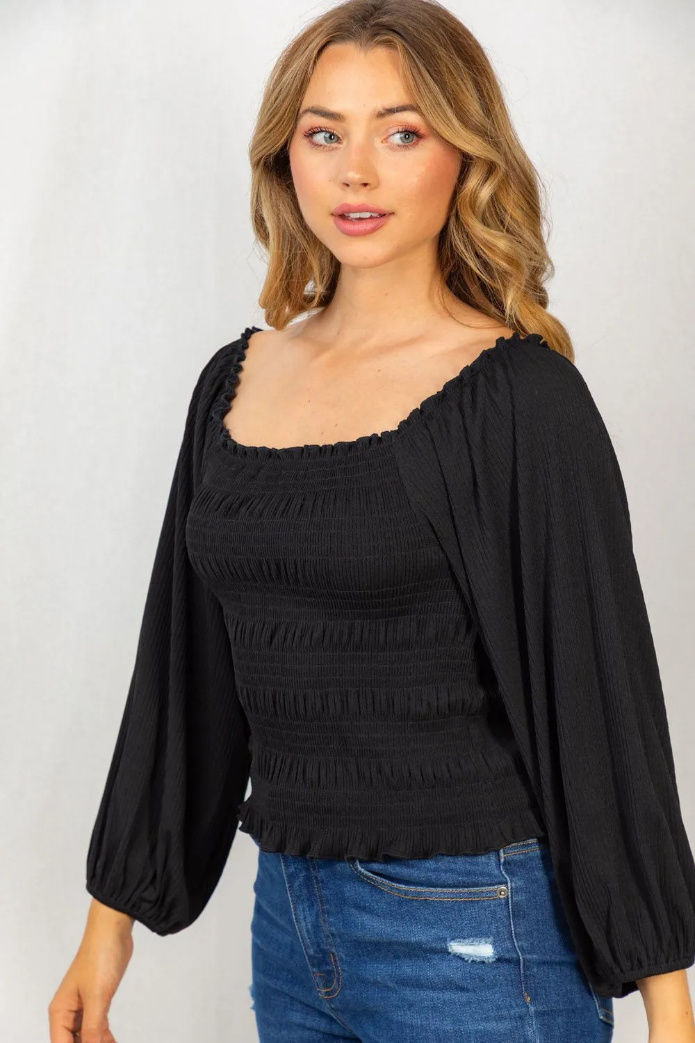 Smocked & Ribbed Top, Black