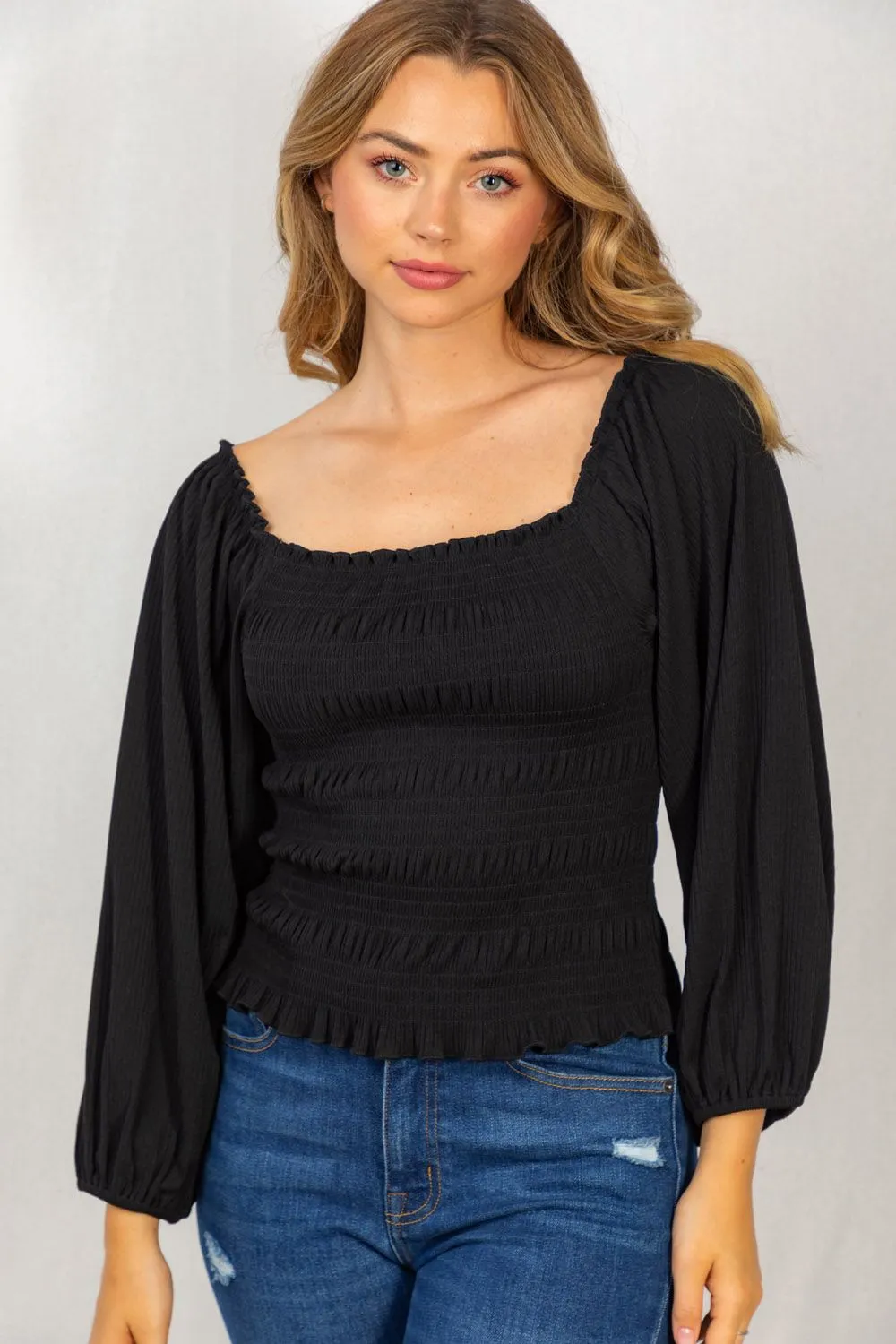 Smocked & Ribbed Top, Black