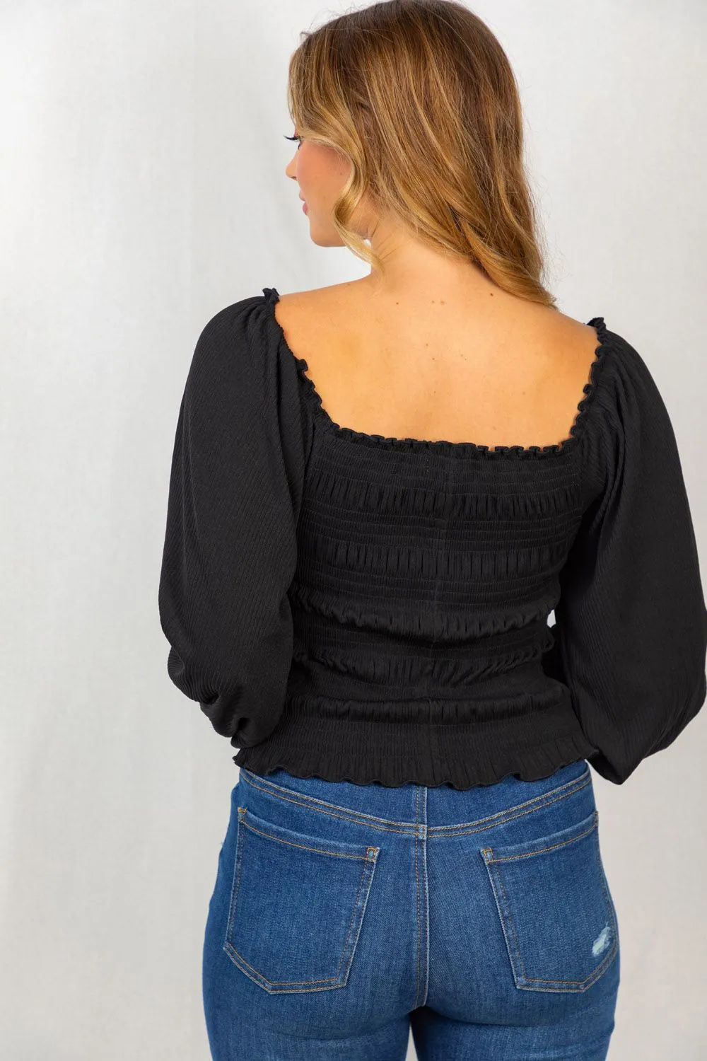 Smocked & Ribbed Top, Black