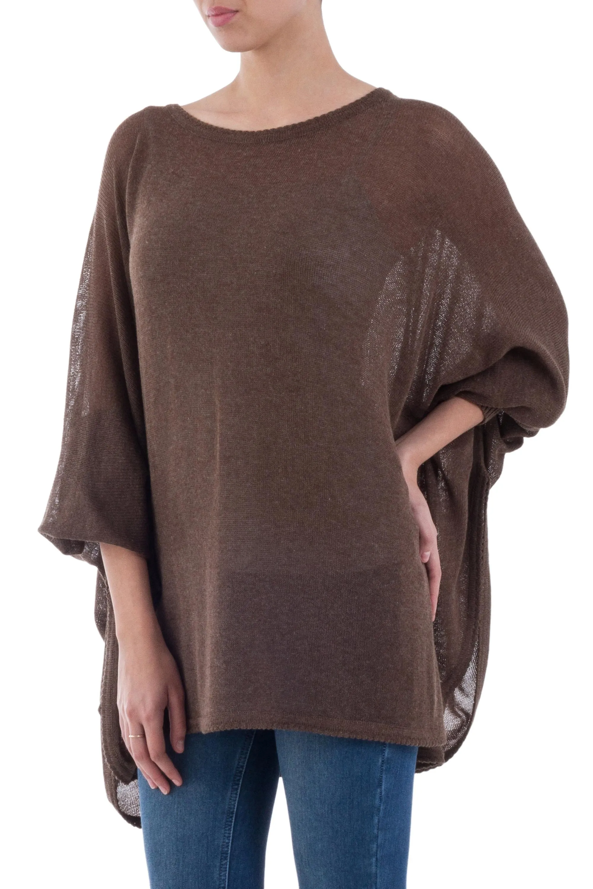 Soft Knit Bohemian Style Brown Drape Sweater from Peru - Desert Breeze | NOVICA