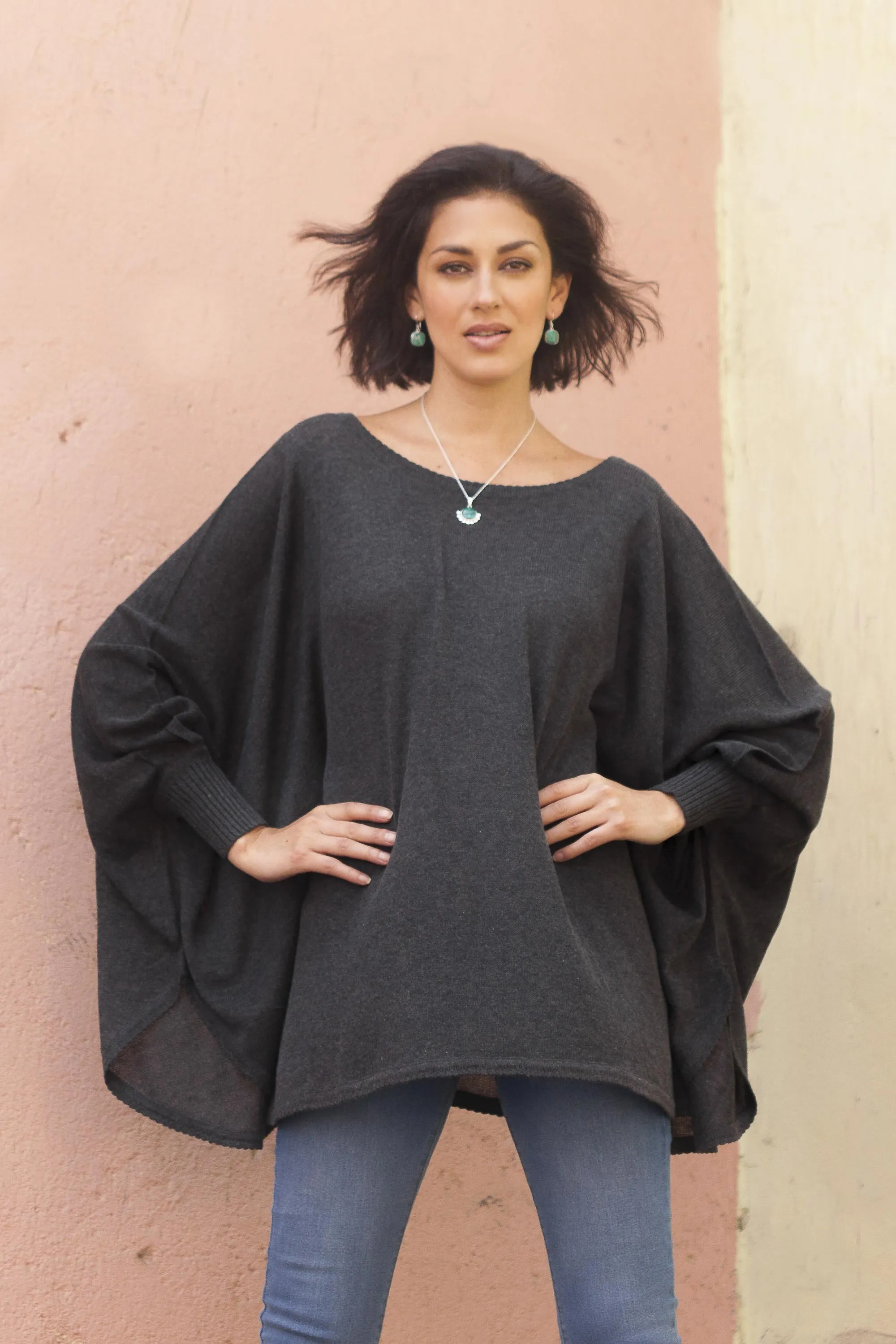 Soft Knit Bohemian Style Charcoal Drape Sweater from Peru - Charcoal Breeze | NOVICA