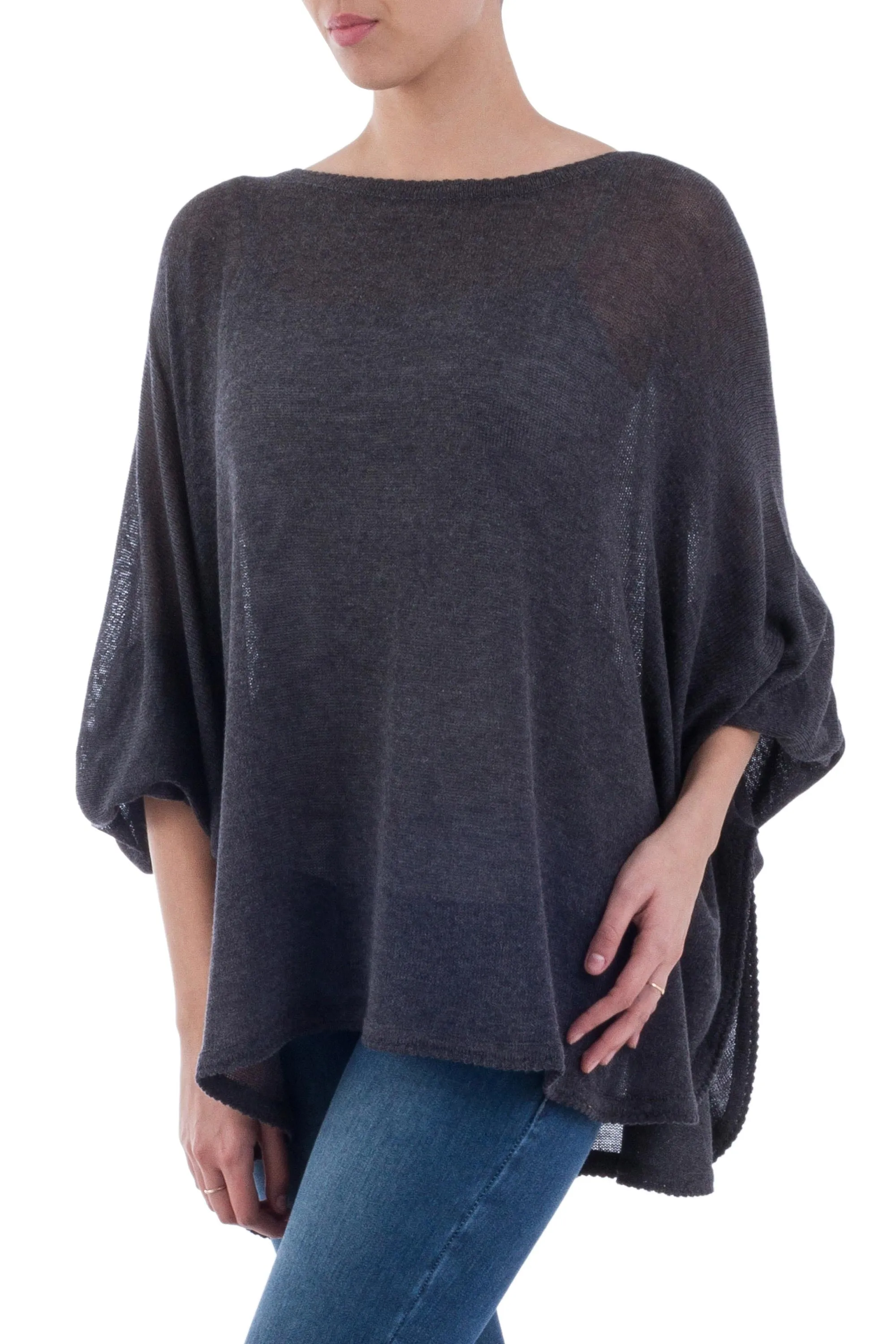 Soft Knit Bohemian Style Charcoal Drape Sweater from Peru - Charcoal Breeze | NOVICA