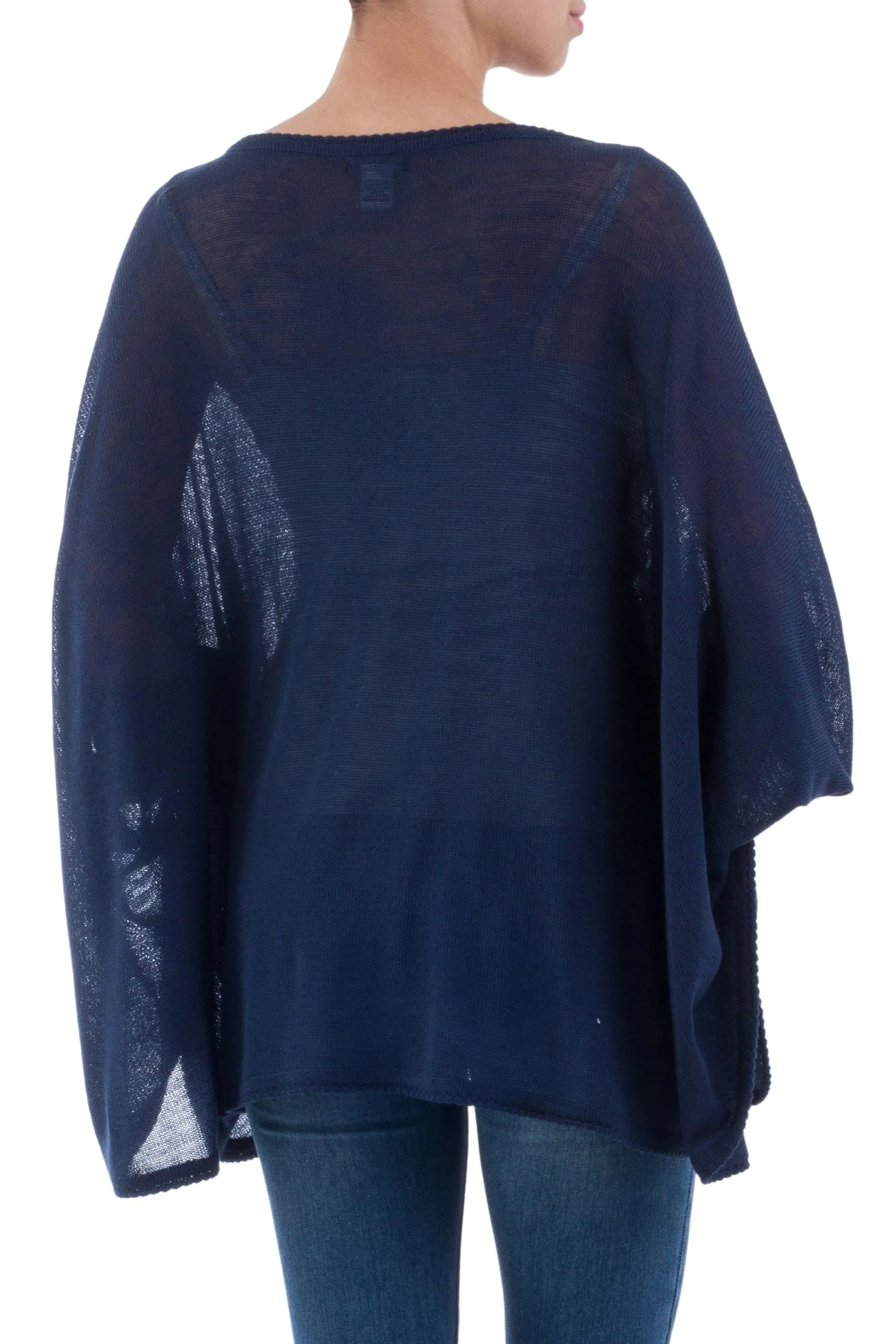 Soft Knit Bohemian Style Navy Blue Drape Sweater from Peru - Ocean Breeze | NOVICA