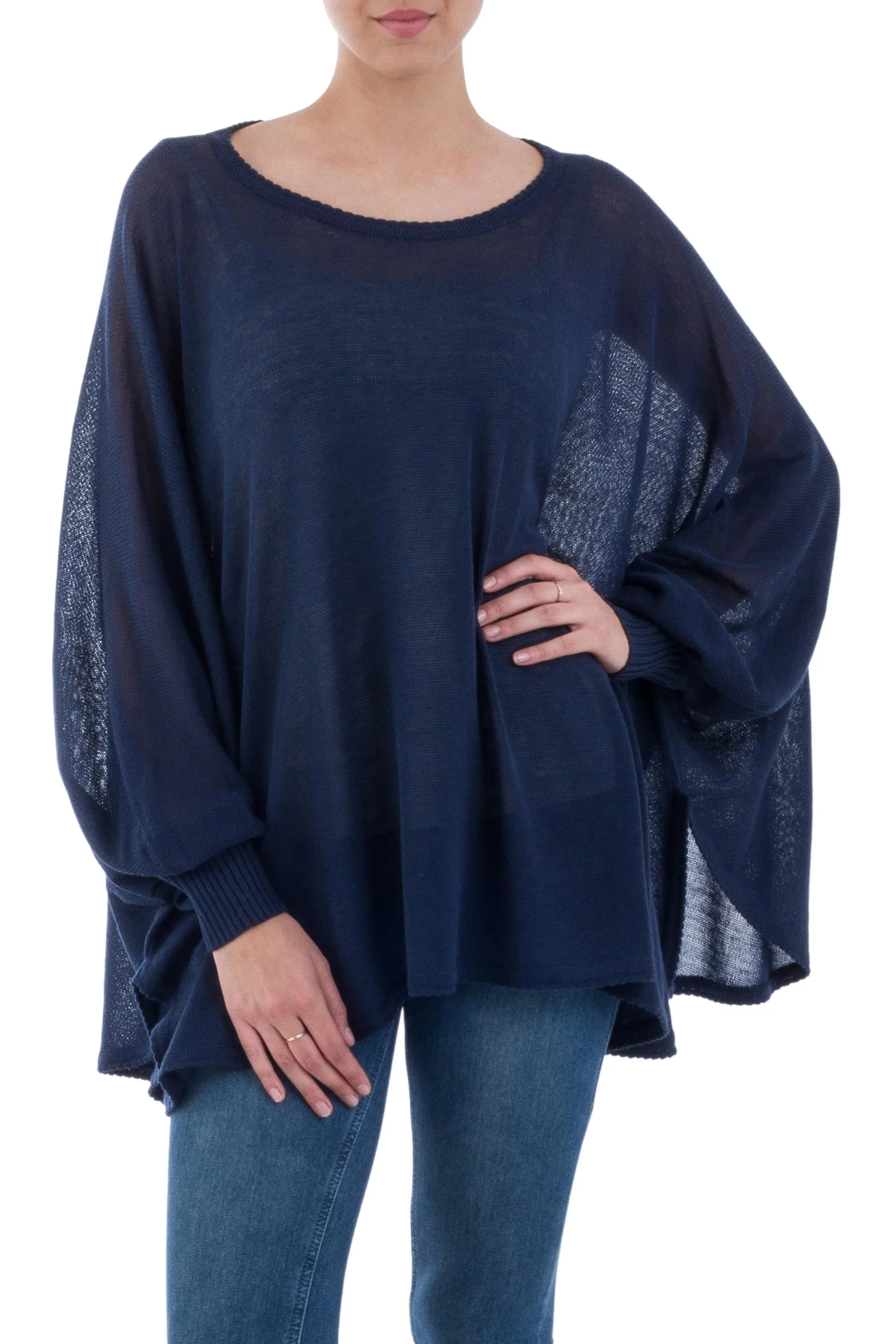 Soft Knit Bohemian Style Navy Blue Drape Sweater from Peru - Ocean Breeze | NOVICA