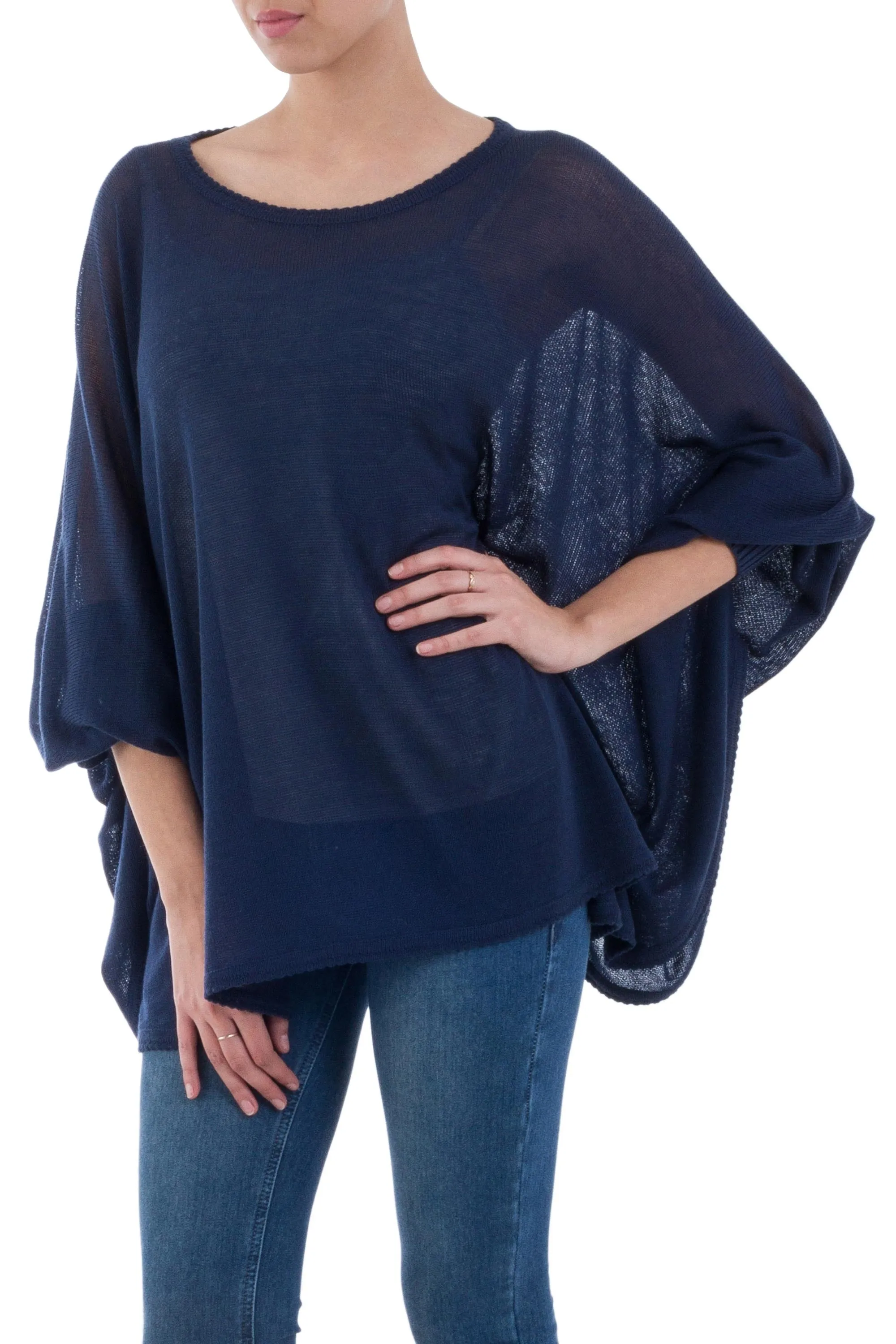 Soft Knit Bohemian Style Navy Blue Drape Sweater from Peru - Ocean Breeze | NOVICA