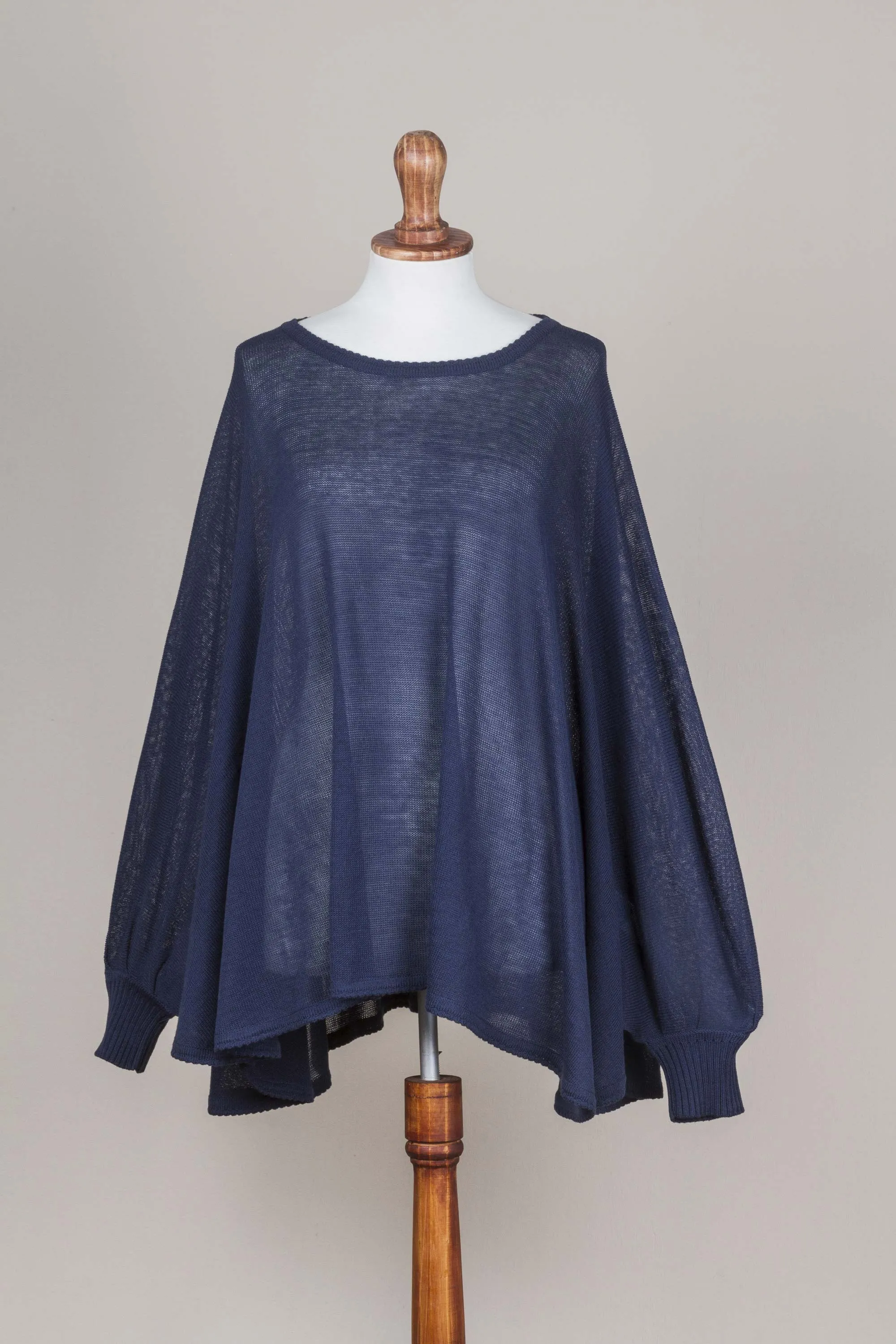 Soft Knit Bohemian Style Navy Blue Drape Sweater from Peru - Ocean Breeze | NOVICA