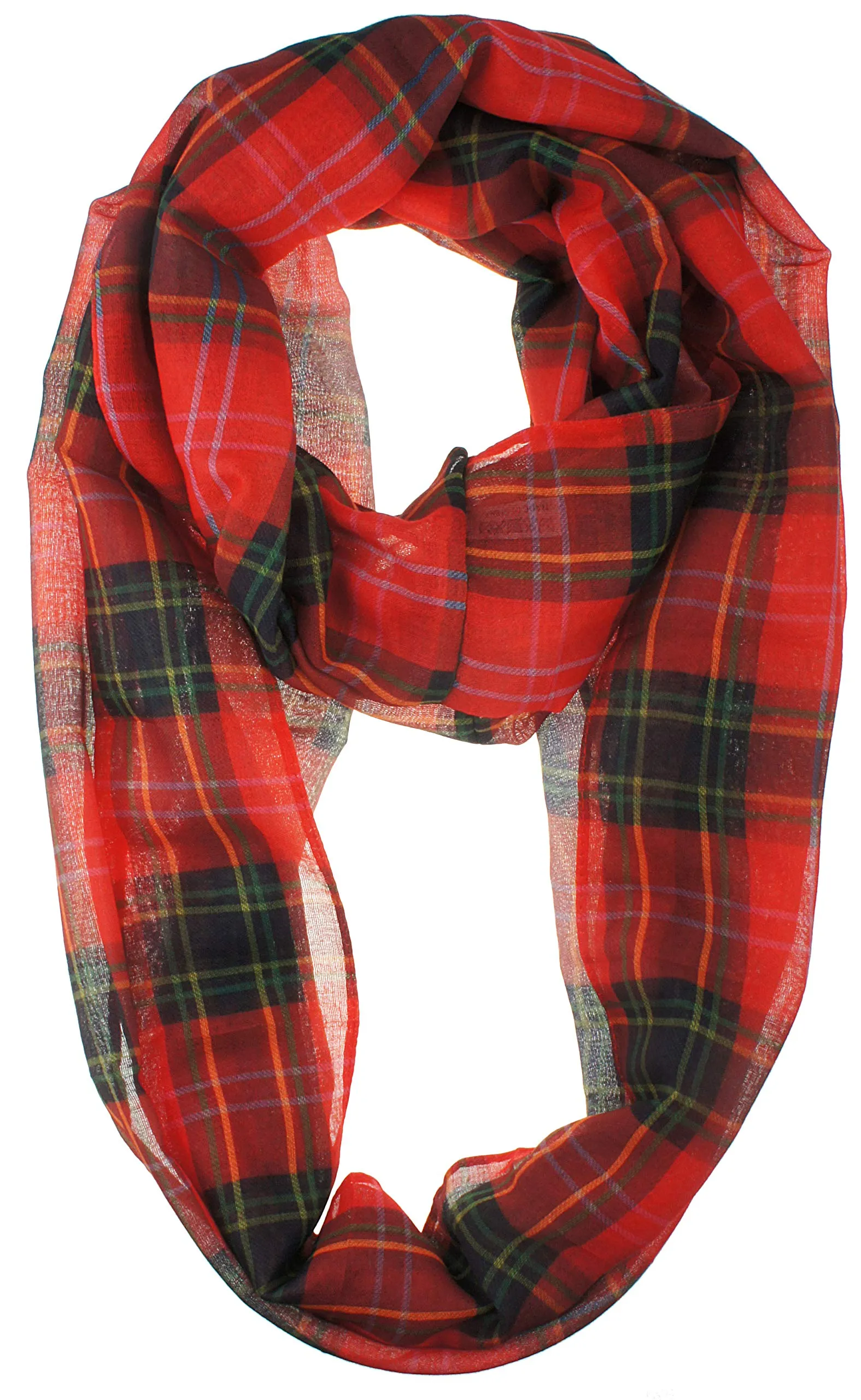 Soft Light Weight Christmas Holiday Plaid Tartan Sheer Infinity Scarf