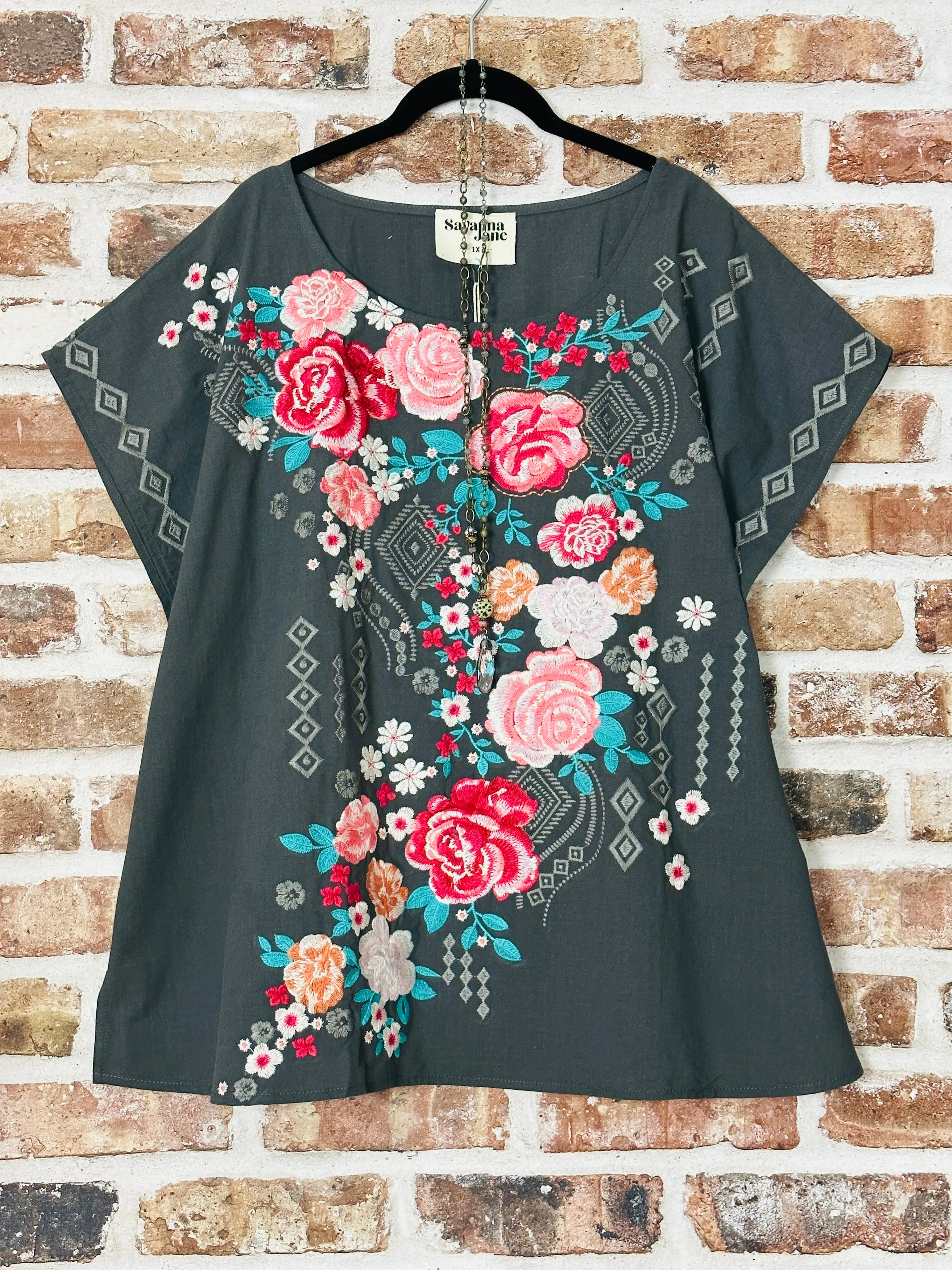 Soho Bohemian Charcoal Embroidered Tunic-100% cotton