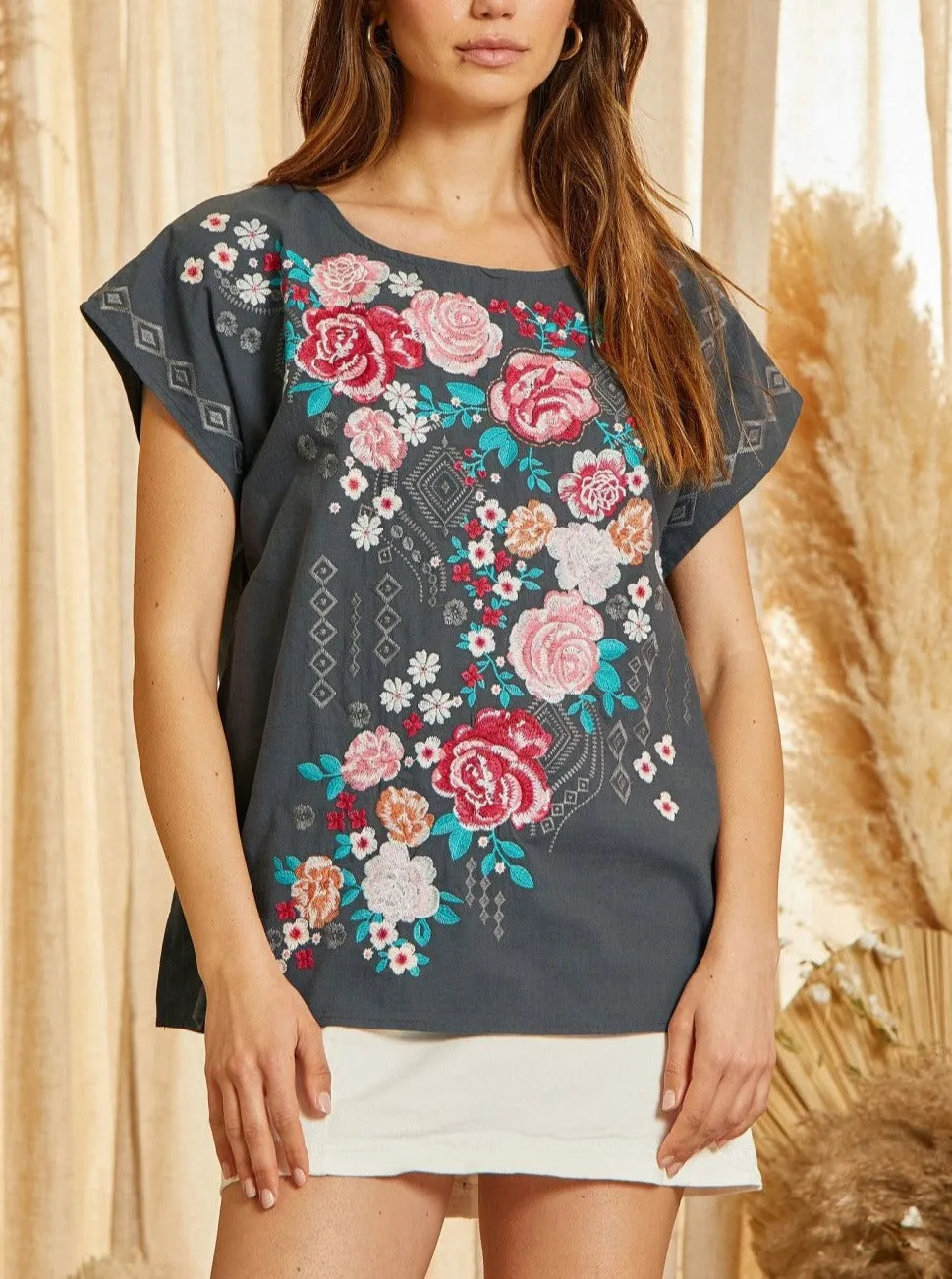 Soho Bohemian Charcoal Embroidered Tunic-100% cotton