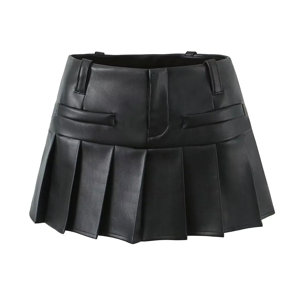 Street Sexy Low Waist Skirt Women Design Stitching Anti Exposure A line Pleated Miniskirt Leather Skirt