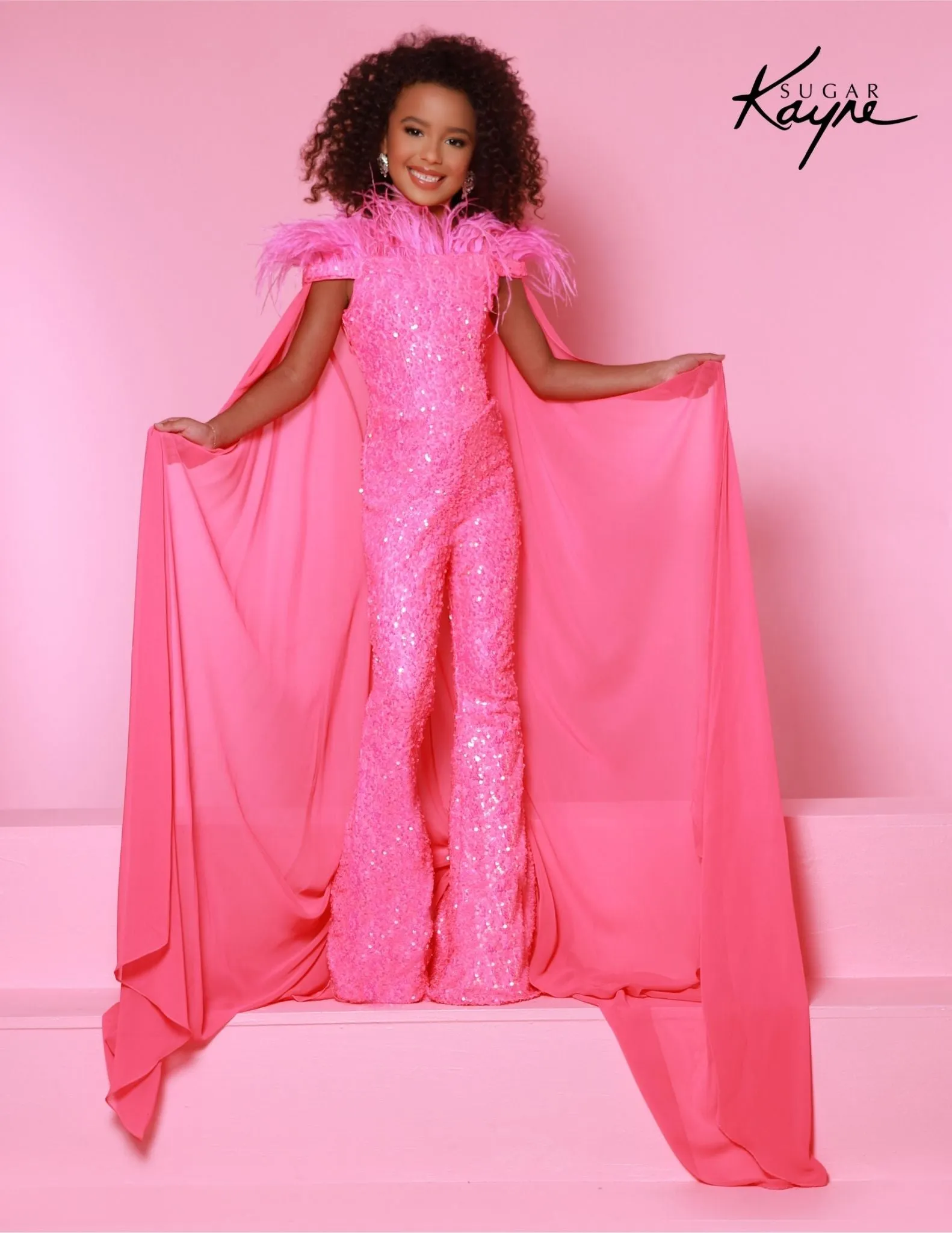 Sugar Kayne C346 Girls  Pageant Jumpsuit Bell Bottom Feathers Sequin Cape Fun Fashion Shimmer