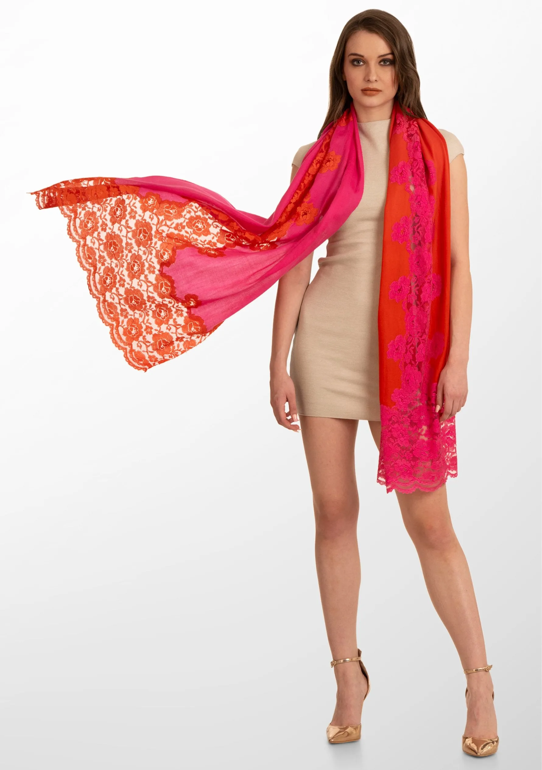 Sunset Pink Ombre Wool and Silk Scarf with Dual-Colored Sunset Pink Ombre Floral Lace Application