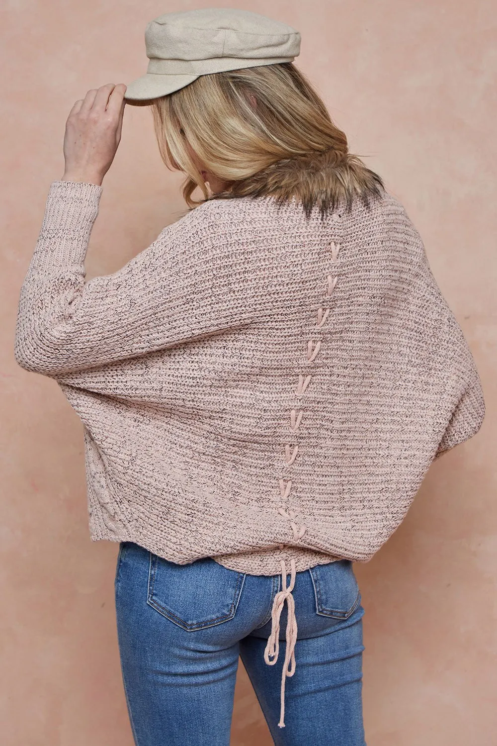 Sweater Cardigan with Faux Fur Trimmed Neck