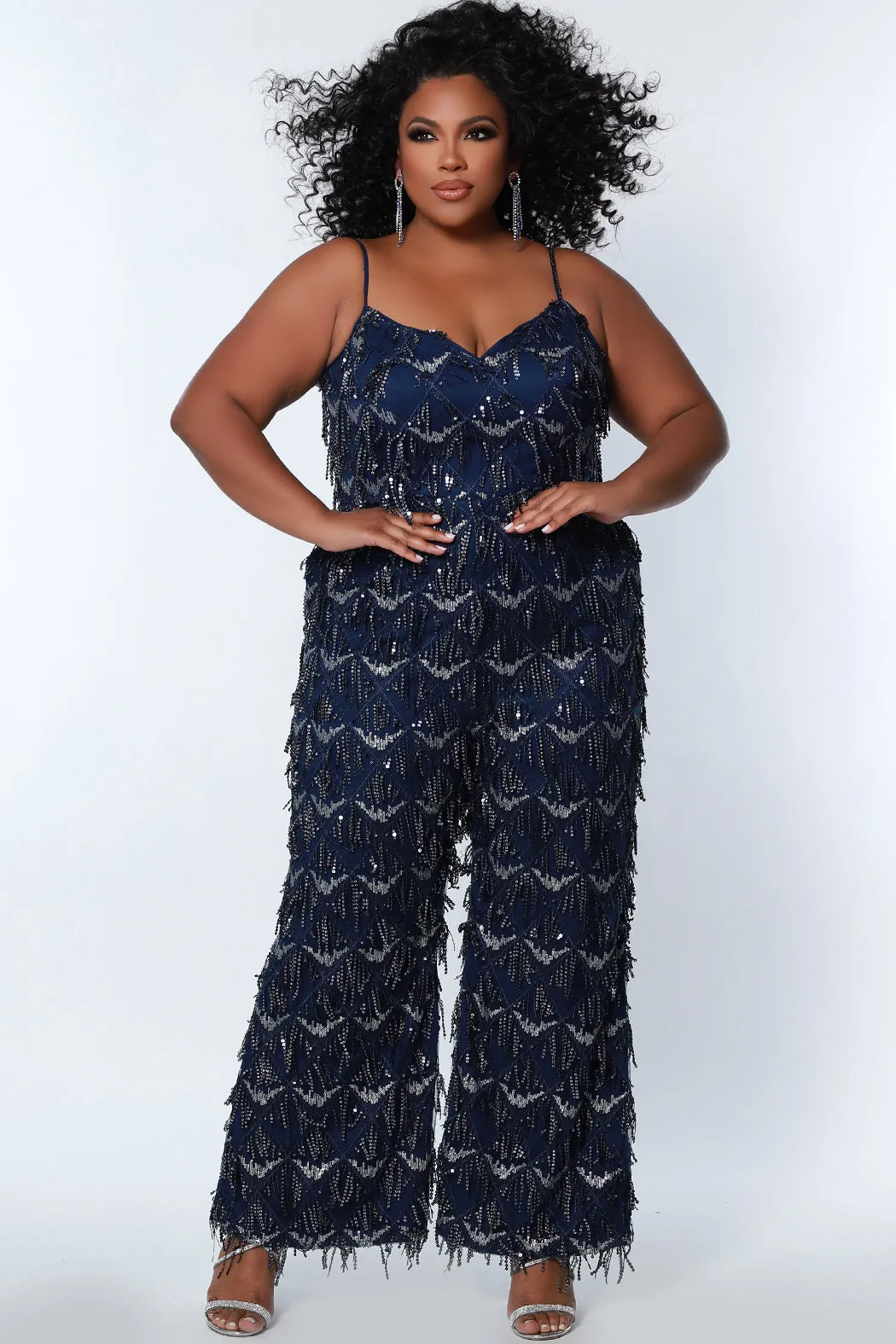 Sydney's Closet SC9108 Long Plus Size Sequin Fringe Jumpsuit Pockets