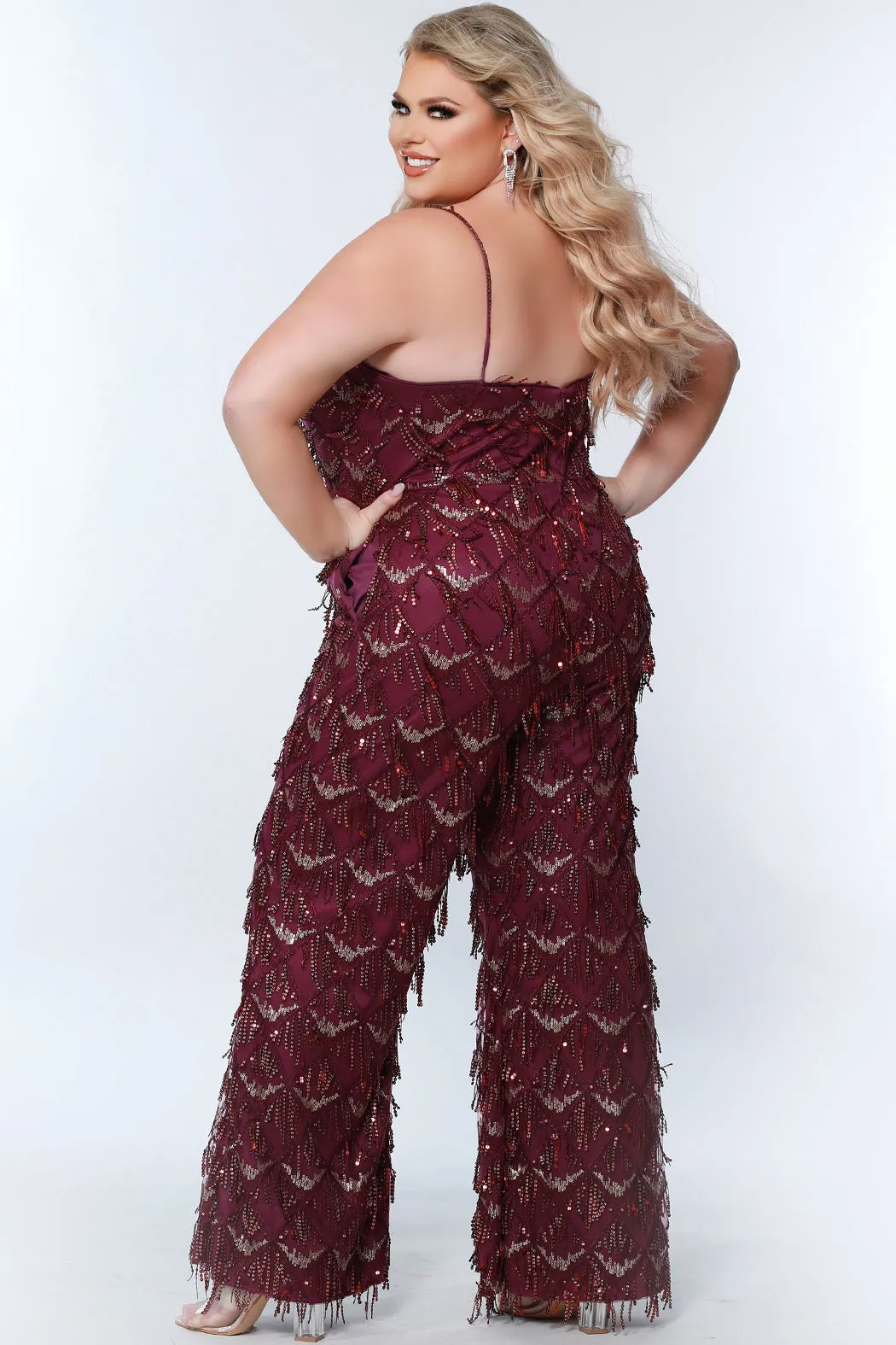 Sydney's Closet SC9108 Long Plus Size Sequin Fringe Jumpsuit Pockets