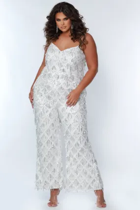 Sydney's Closet SC9108 Long Plus Size Sequin Fringe Jumpsuit Pockets