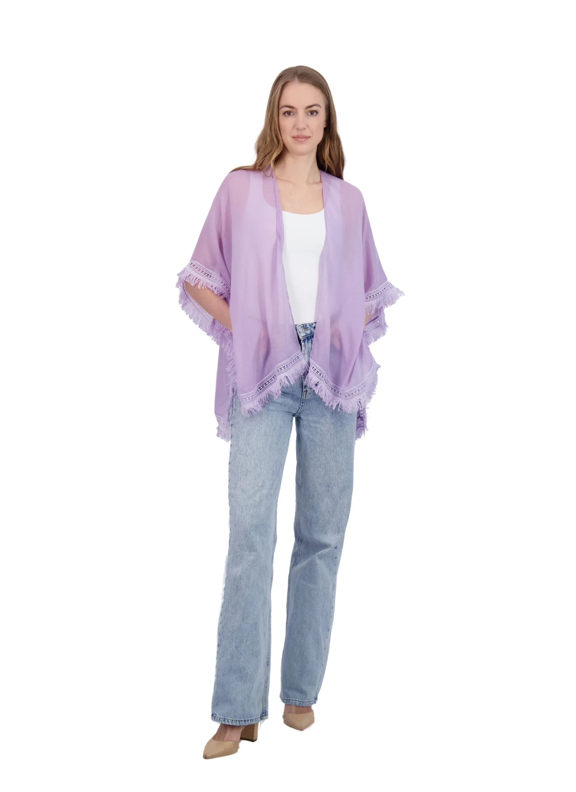 Tahari Women's Lightweight Kimono with Crochet Fringe Trim