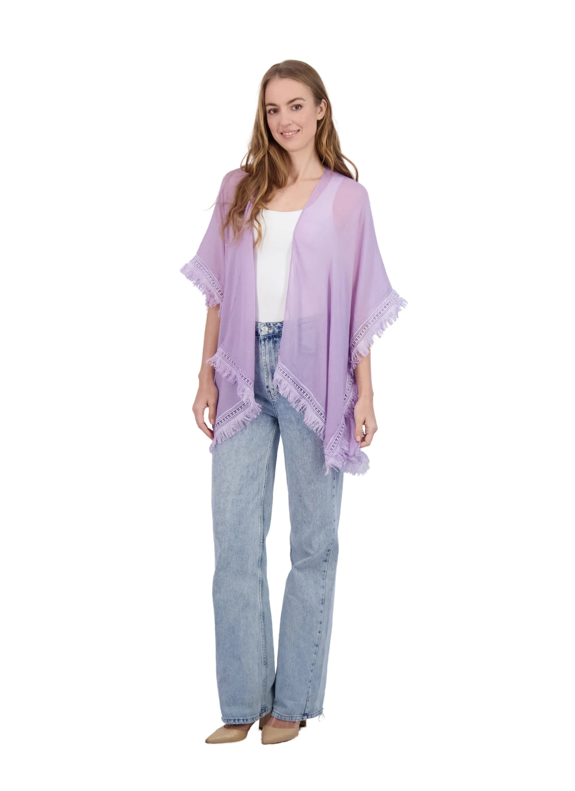 Tahari Women's Lightweight Kimono with Crochet Fringe Trim