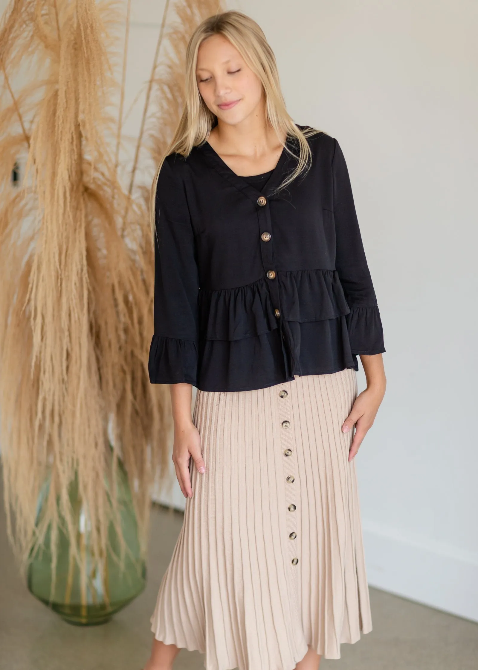 Taupe Ribbed Button Midi Skirt - FINAL SALE