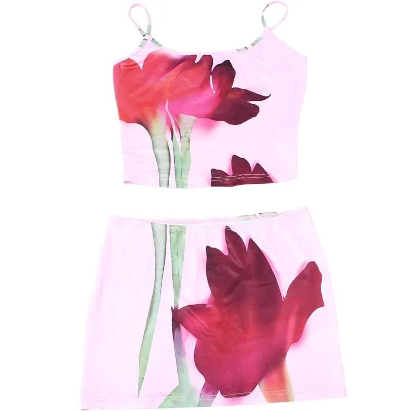 U neck flower print cami mini skirt set