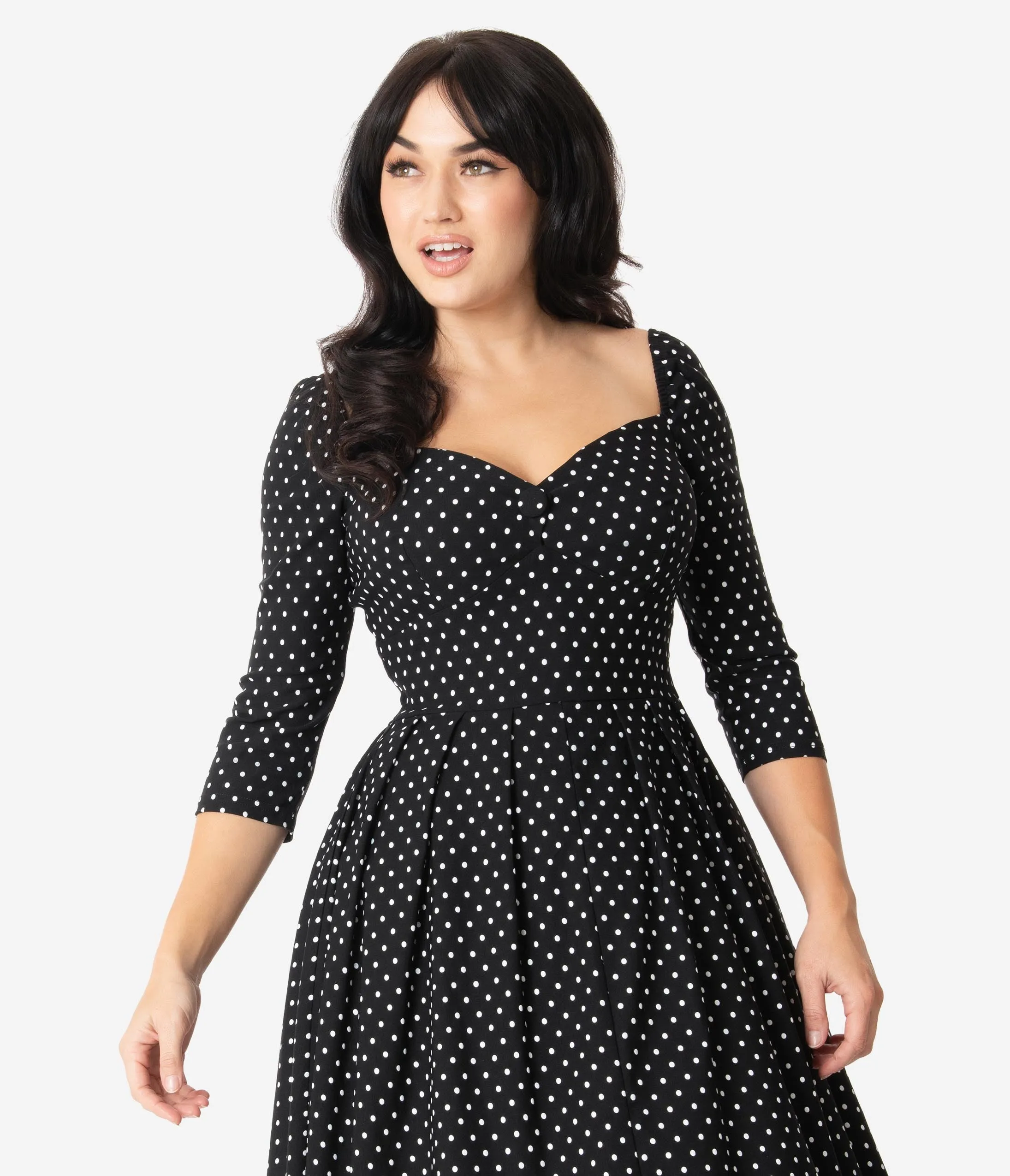 Unique Vintage 1950s Black & White Pin Dot Sweetheart Lamar Swing Dress