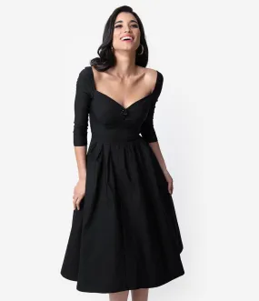 Unique Vintage 1950s Style Black Bengaline Sweetheart Lamar Swing Dress