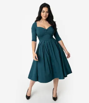 Unique Vintage 1950s Style Dark Teal Bengaline Sweetheart Lamar Swing Dress