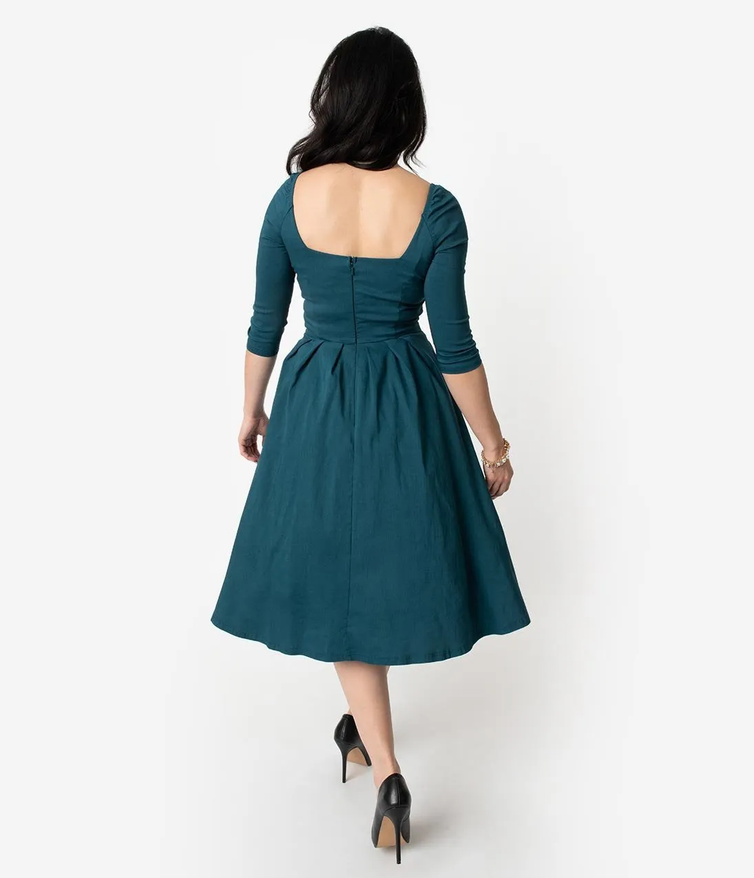 Unique Vintage 1950s Style Dark Teal Bengaline Sweetheart Lamar Swing Dress