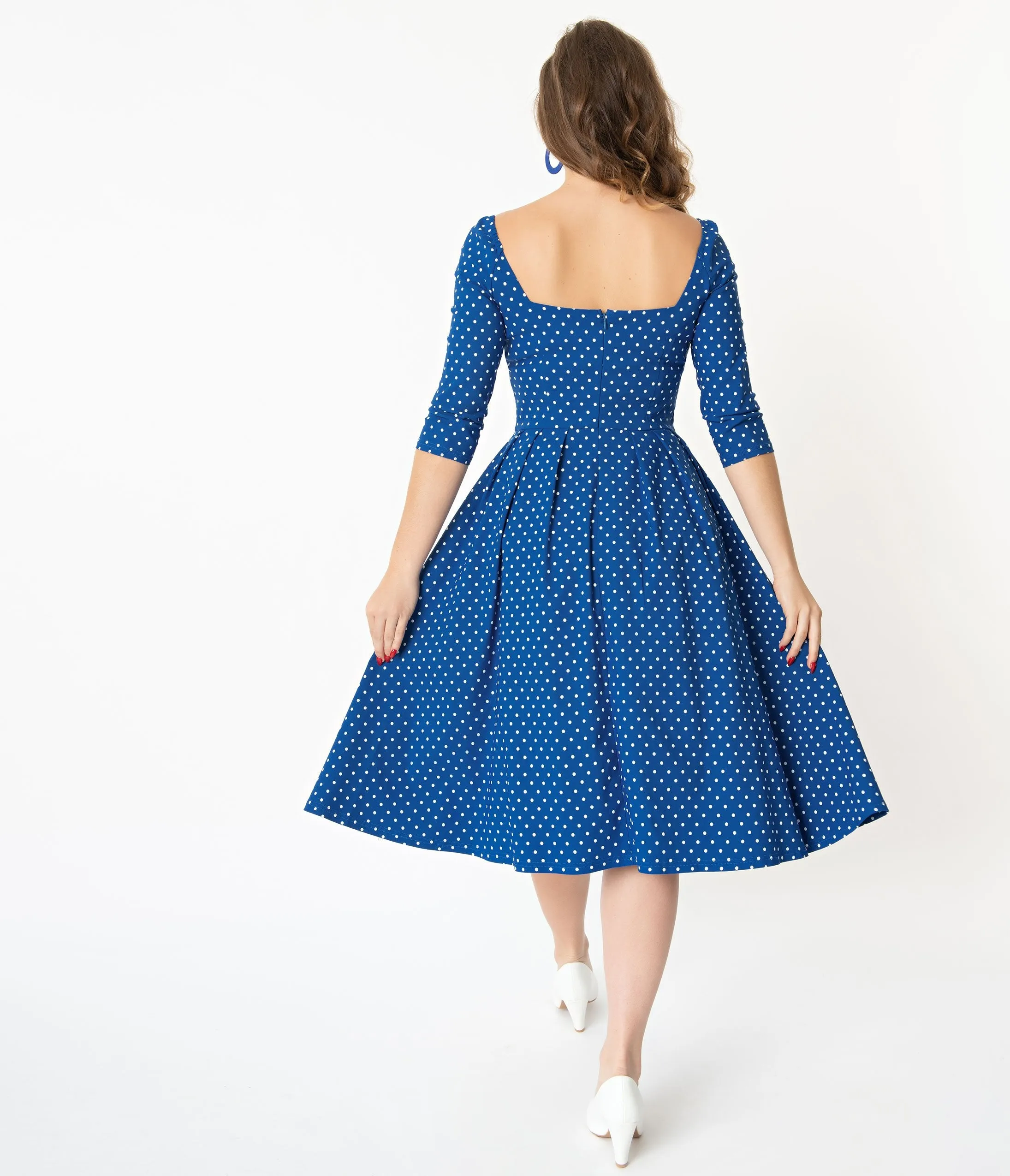 Unique Vintage   Pantone Classic Blue & White Pin Dot Lamar Swing Dress