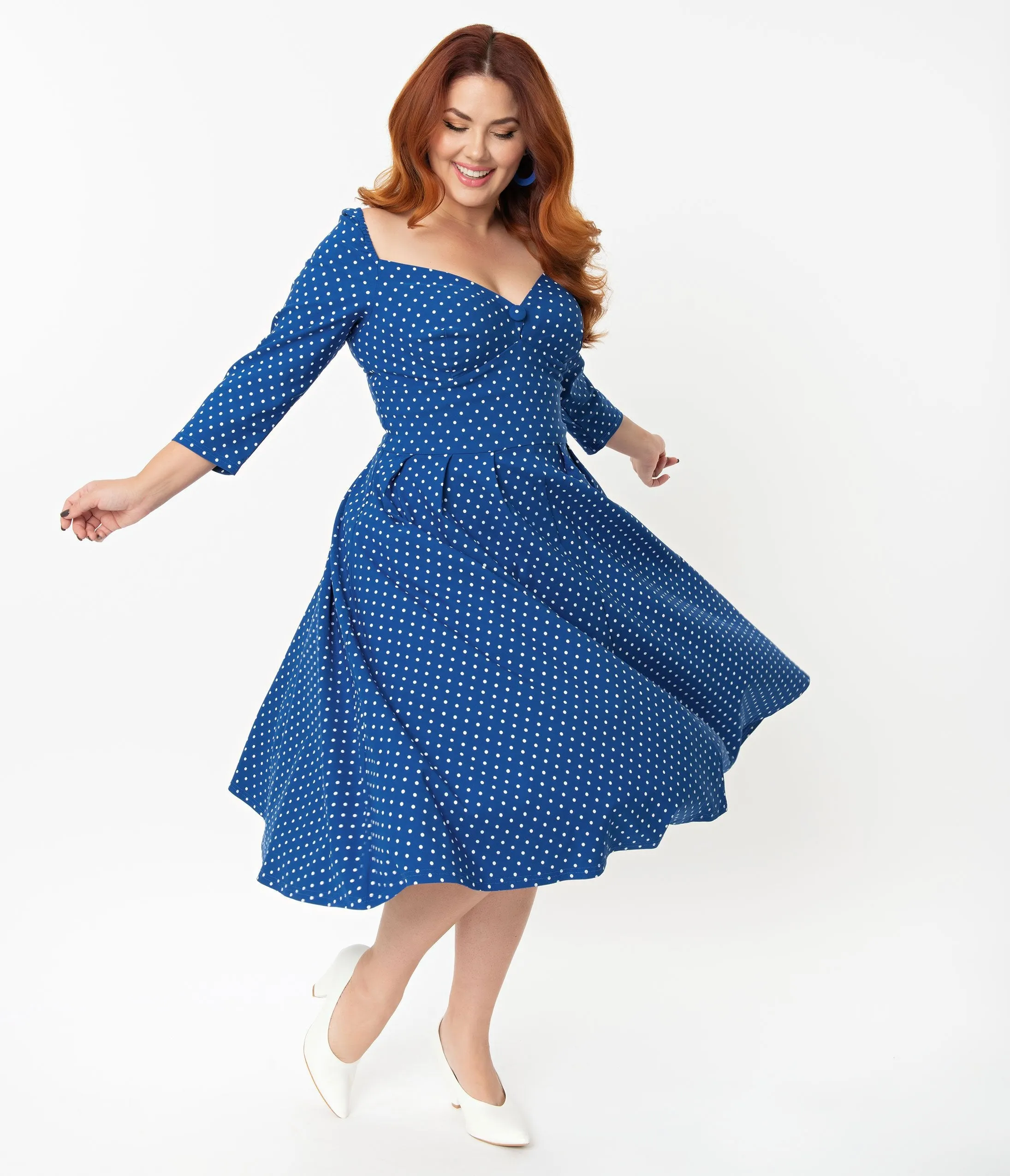 Unique Vintage   Pantone Plus Size Classic Blue & White Pin Dot Lamar Swing Dress