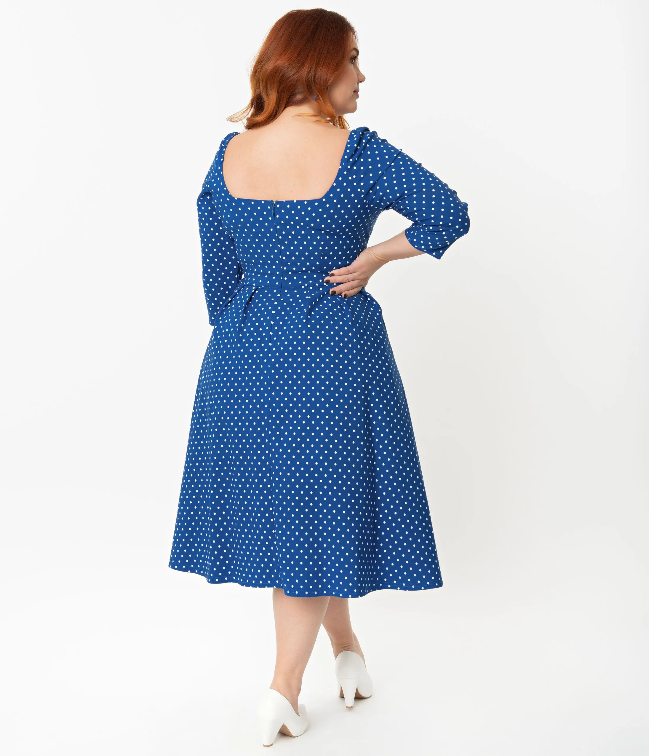 Unique Vintage   Pantone Plus Size Classic Blue & White Pin Dot Lamar Swing Dress