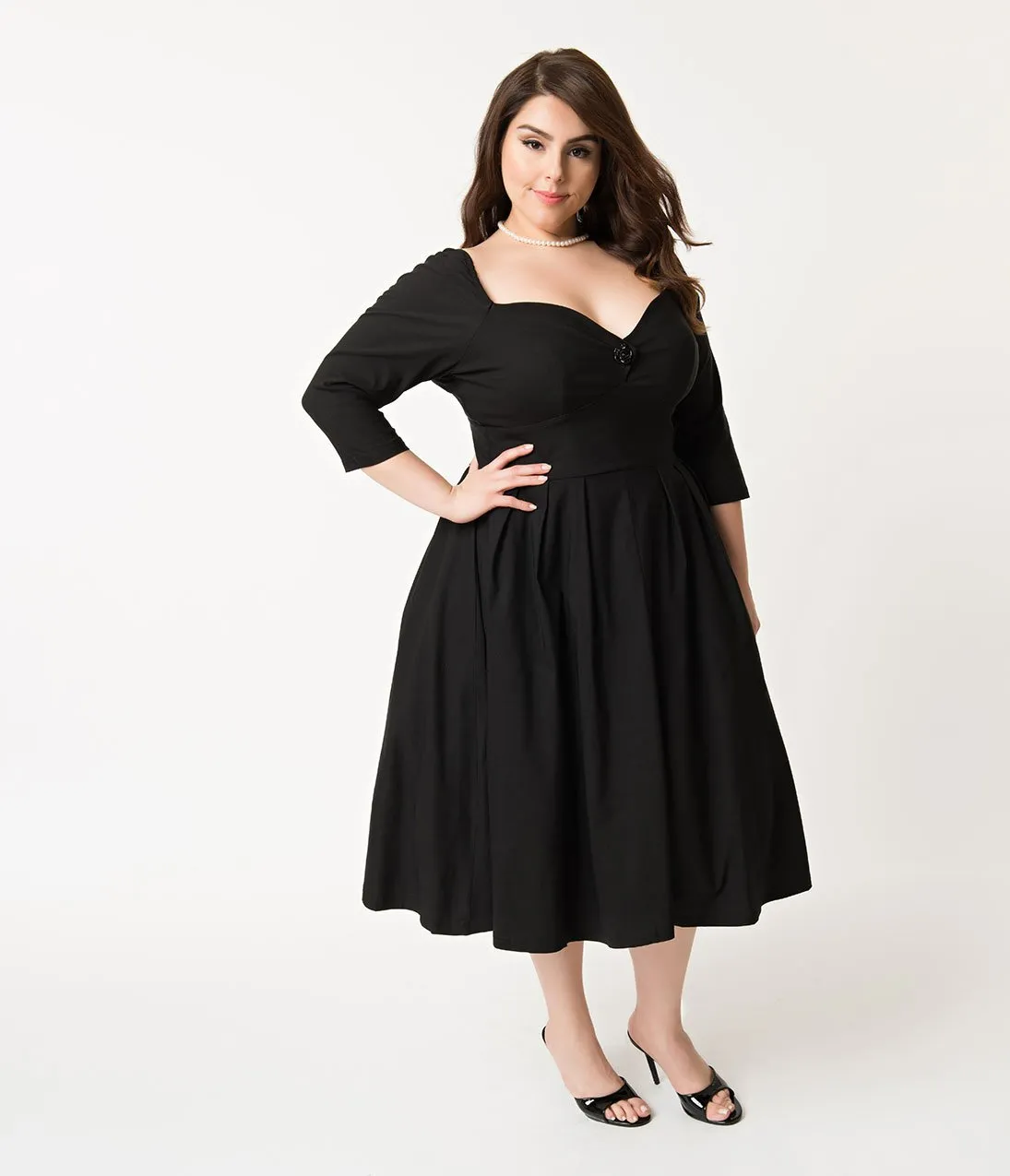 Unique Vintage Plus Size 1950s Style Black Bengaline Sweetheart Lamar Swing Dress