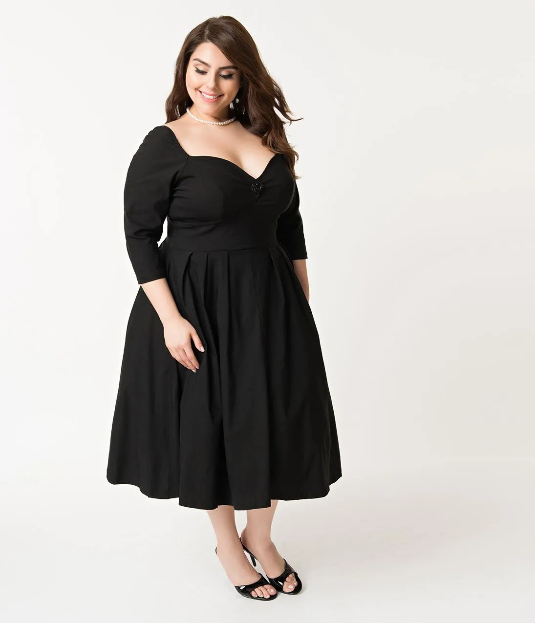 Unique Vintage Plus Size 1950s Style Black Bengaline Sweetheart Lamar Swing Dress