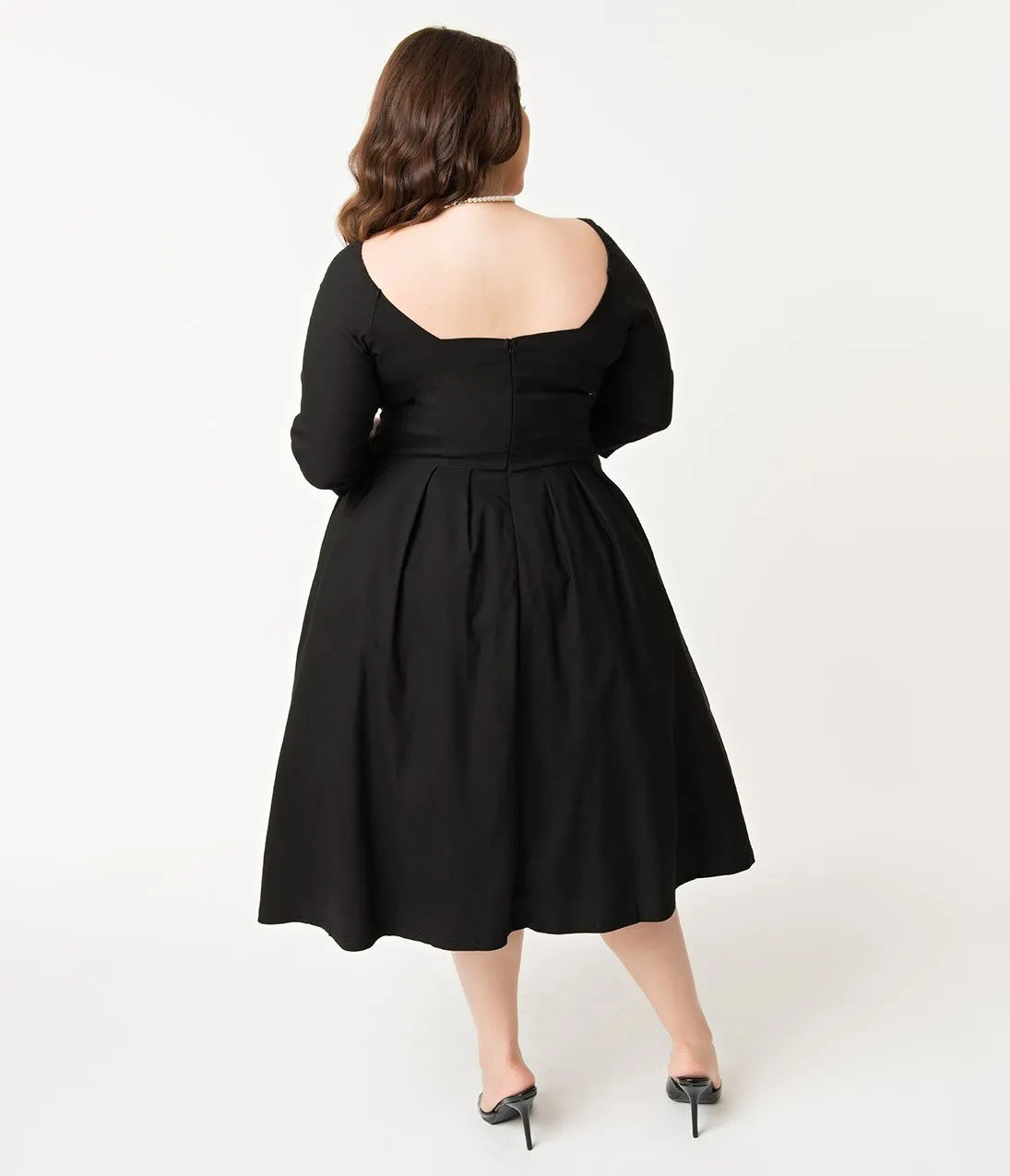 Unique Vintage Plus Size 1950s Style Black Bengaline Sweetheart Lamar Swing Dress