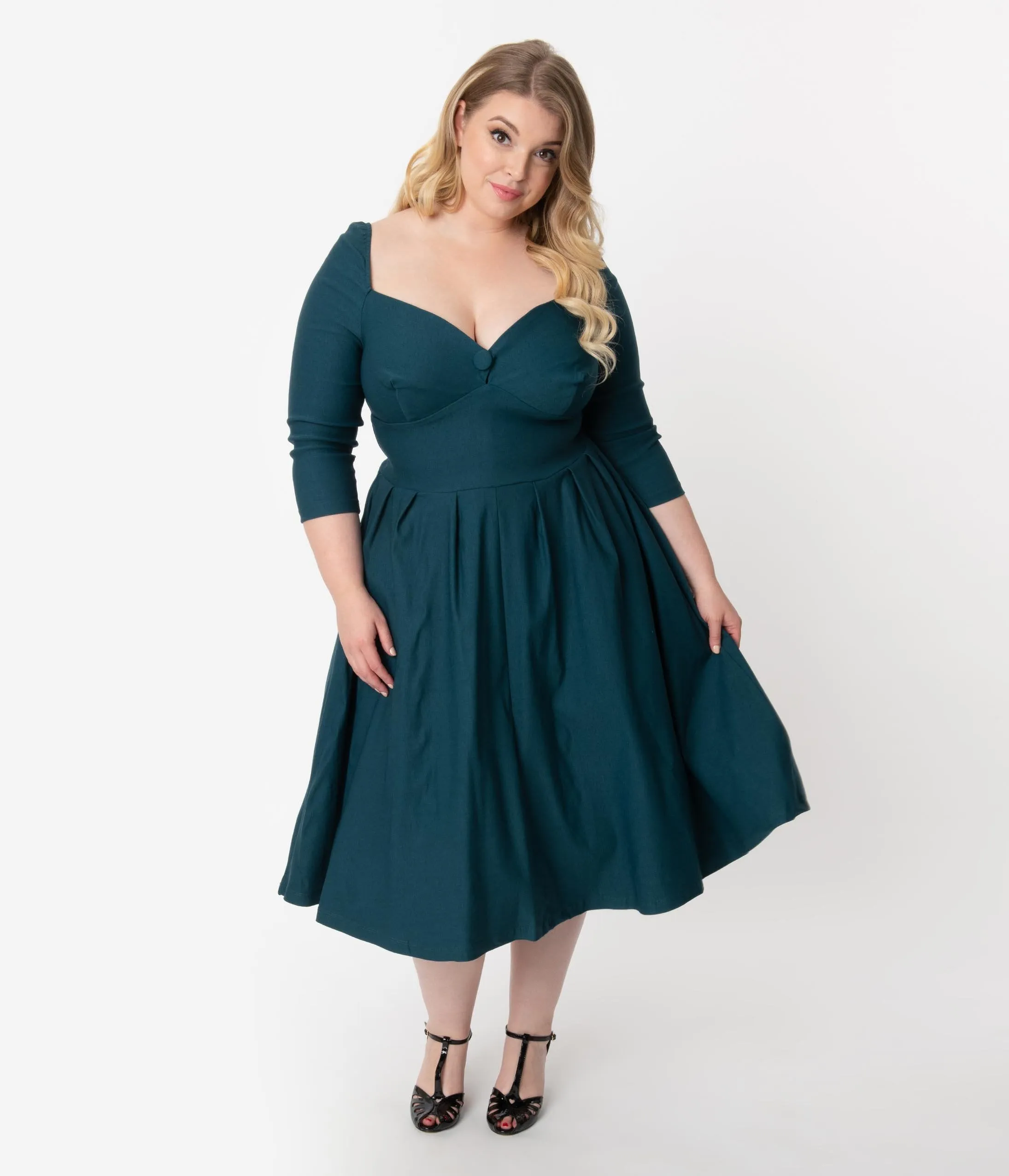 Unique Vintage Plus Size 1950s Style Dark Teal Bengaline Sweetheart Lamar Swing Dress