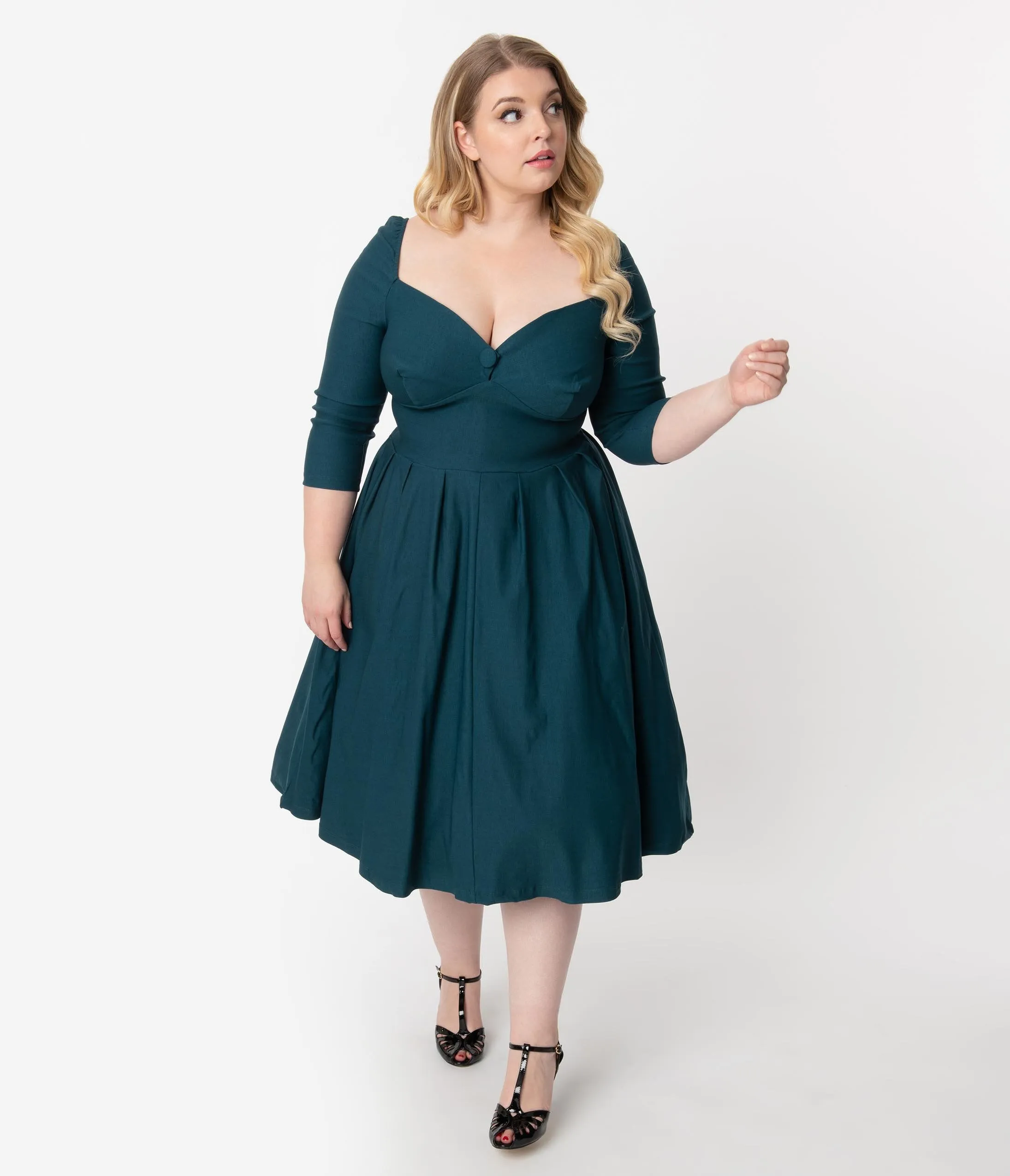 Unique Vintage Plus Size 1950s Style Dark Teal Bengaline Sweetheart Lamar Swing Dress