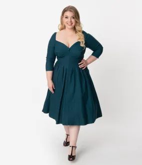 Unique Vintage Plus Size 1950s Style Dark Teal Bengaline Sweetheart Lamar Swing Dress