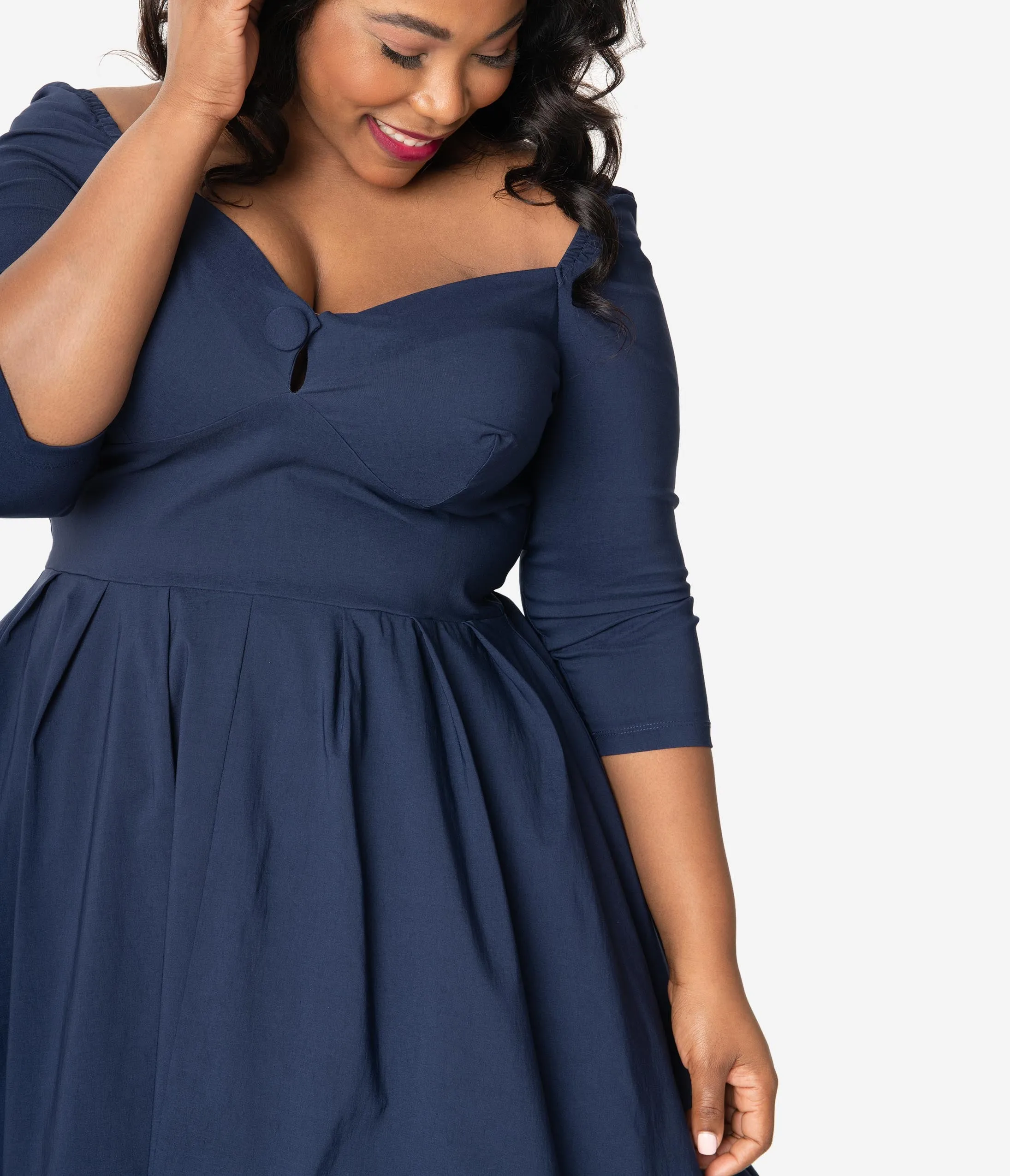 Unique Vintage Plus Size 1950s Style Navy Sweetheart Lamar Swing Dress