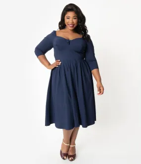 Unique Vintage Plus Size 1950s Style Navy Sweetheart Lamar Swing Dress