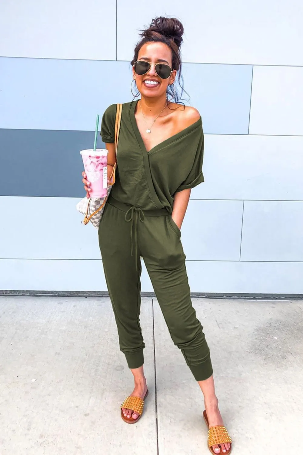 V Neck Wrap Front Jumpsuits