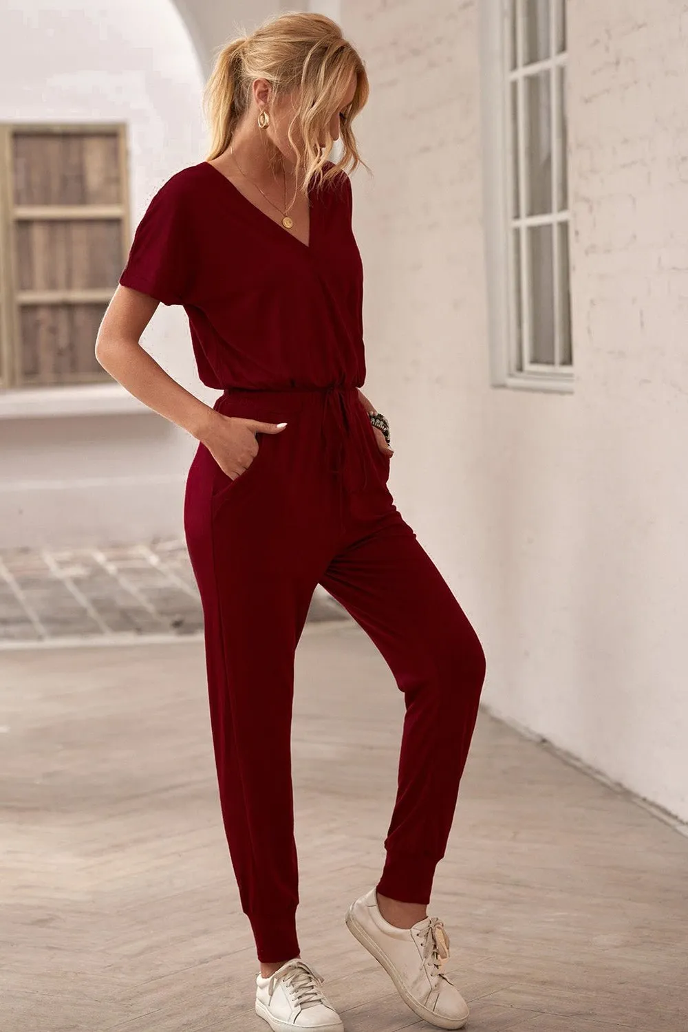 V Neck Wrap Front Jumpsuits