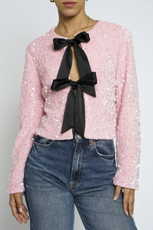 Veda Long Sleeve Sequined Bow Tie Jacket Pink